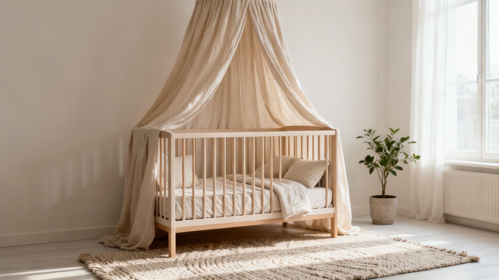 Een minimalistische babykamer met een houten wieg met beige hemeltje, vloerkleed, plant en raam.