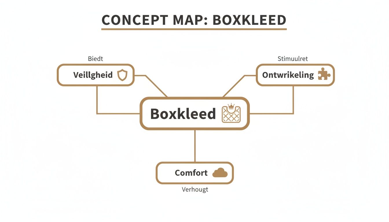Conceptmap over een boxkleed dat veiligheid biedt, ontwikkeling stimuleert en comfort verhoogt voor baby's.