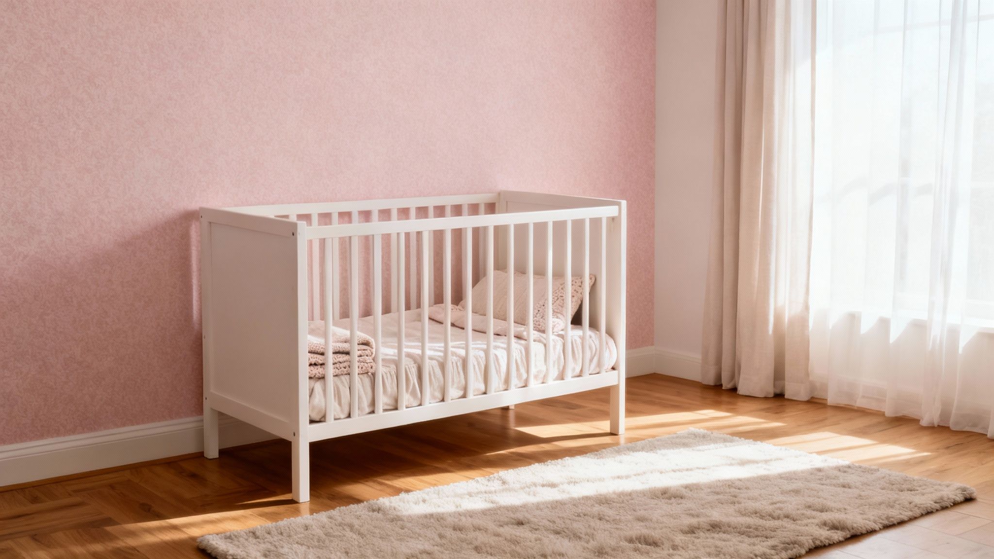 Witte ledikant in een babykamer met roze behang, houten vloer, een zacht tapijt en een raam met gordijnen.