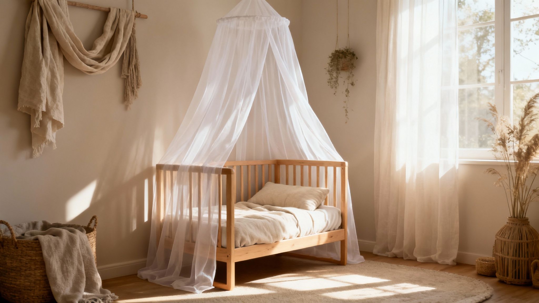 Gezellige babykamer met houten ledikant, wit hemelbed, zonnig raam en natuurlijke decoratie.