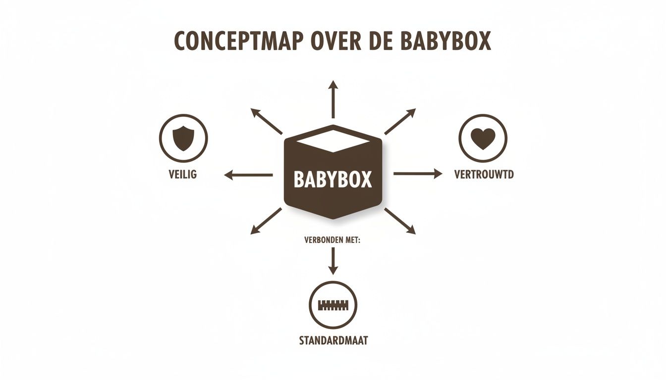 Een conceptmap over de babybox, die veiligheid, vertrouwdheid en een standaardmaat benadrukt.
