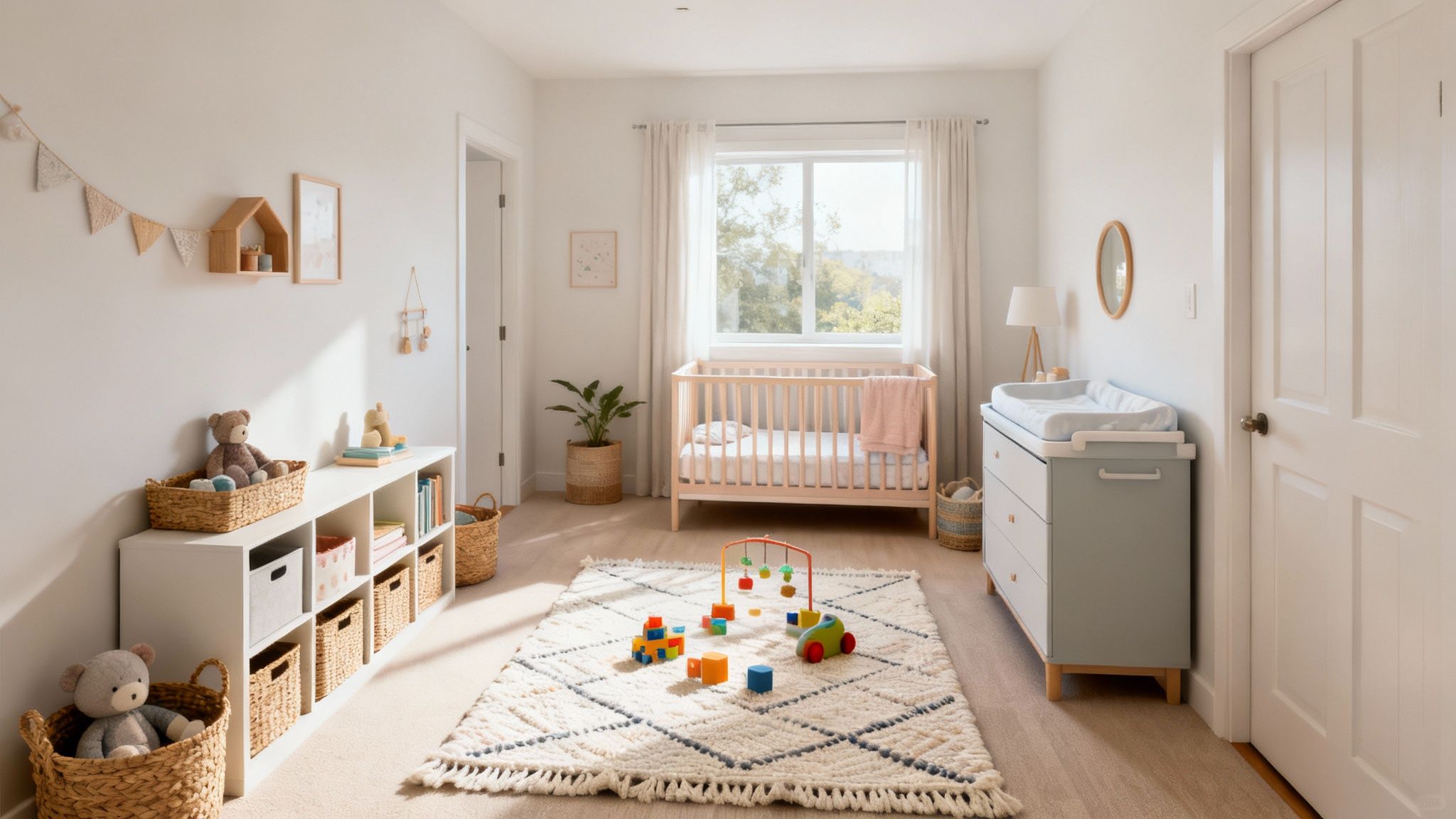 Een lichte en uitnodigende kinderkamer met een houten wieg, commode en speelse inrichting.