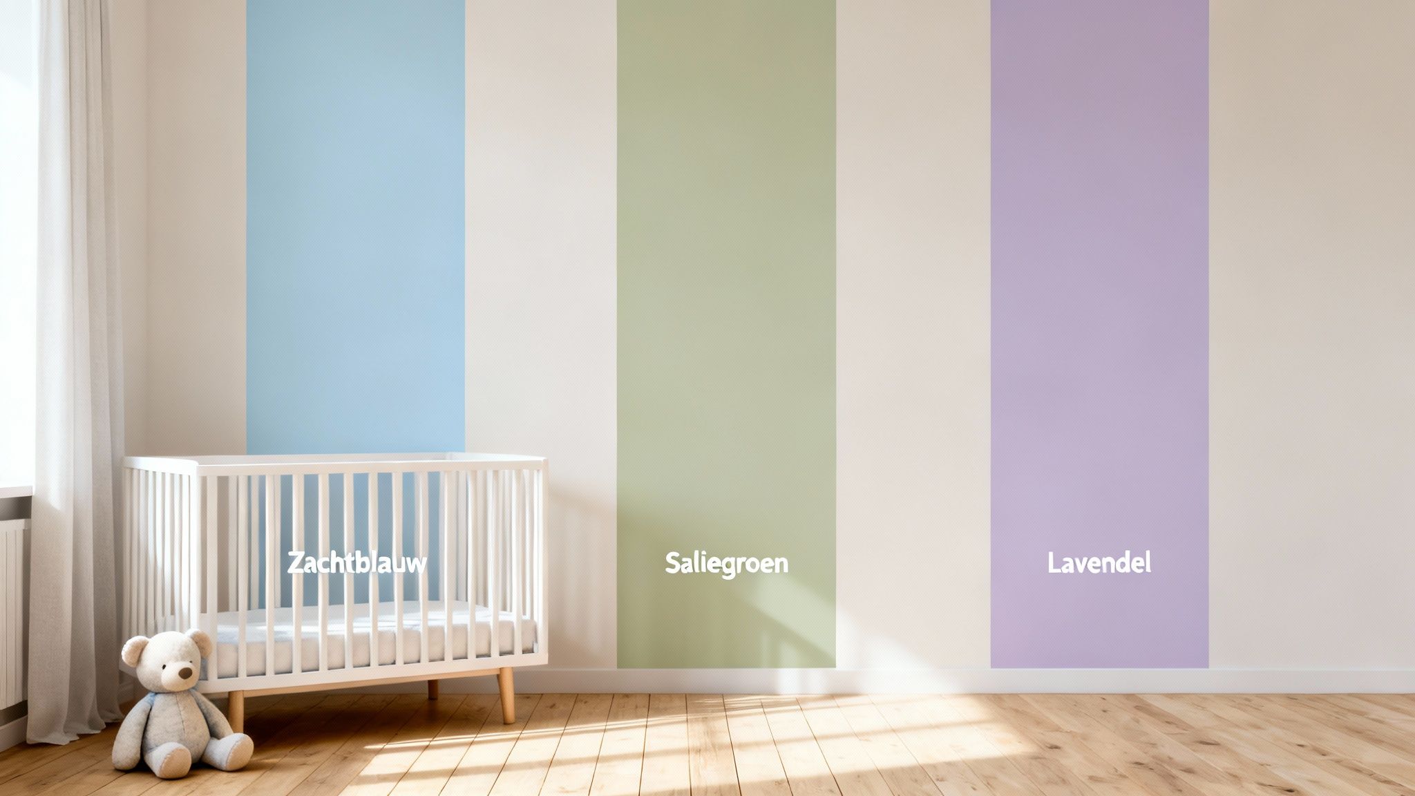 Babykamer met wit ledikant, teddybeer en muren met verticale strepen in zachtblauw, saliegroen en lavendel.