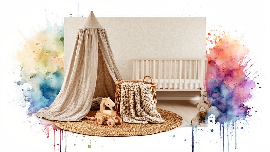 Zachte, neutrale babykamerinrichting met een hemelbedje, wieg, rieten mand en houten speelgoed, omgeven door aquarel.