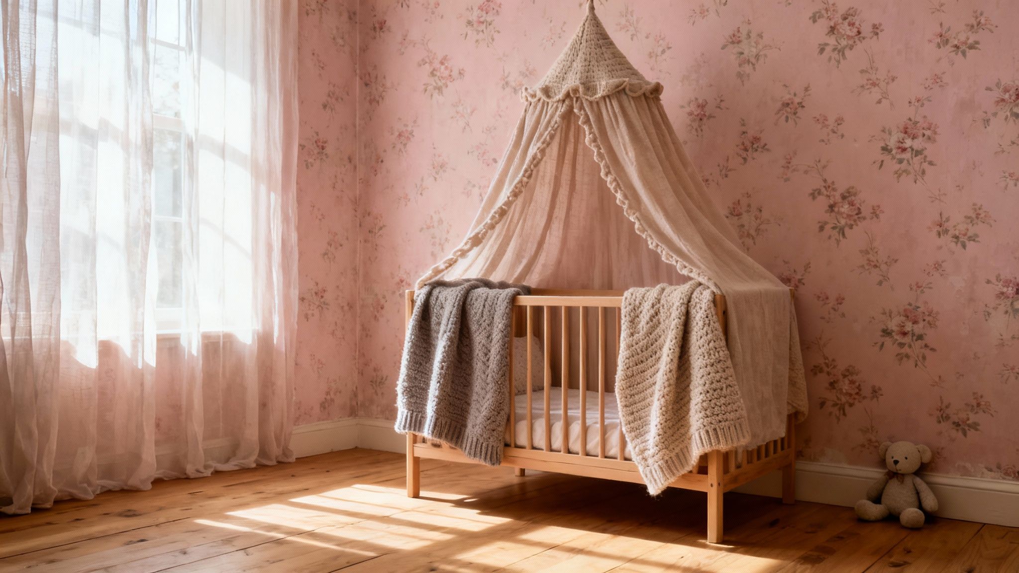 Sfeervolle babykamer met houten ledikant, kanten hemelbedje, zachte dekens en roze bloemenbehang.