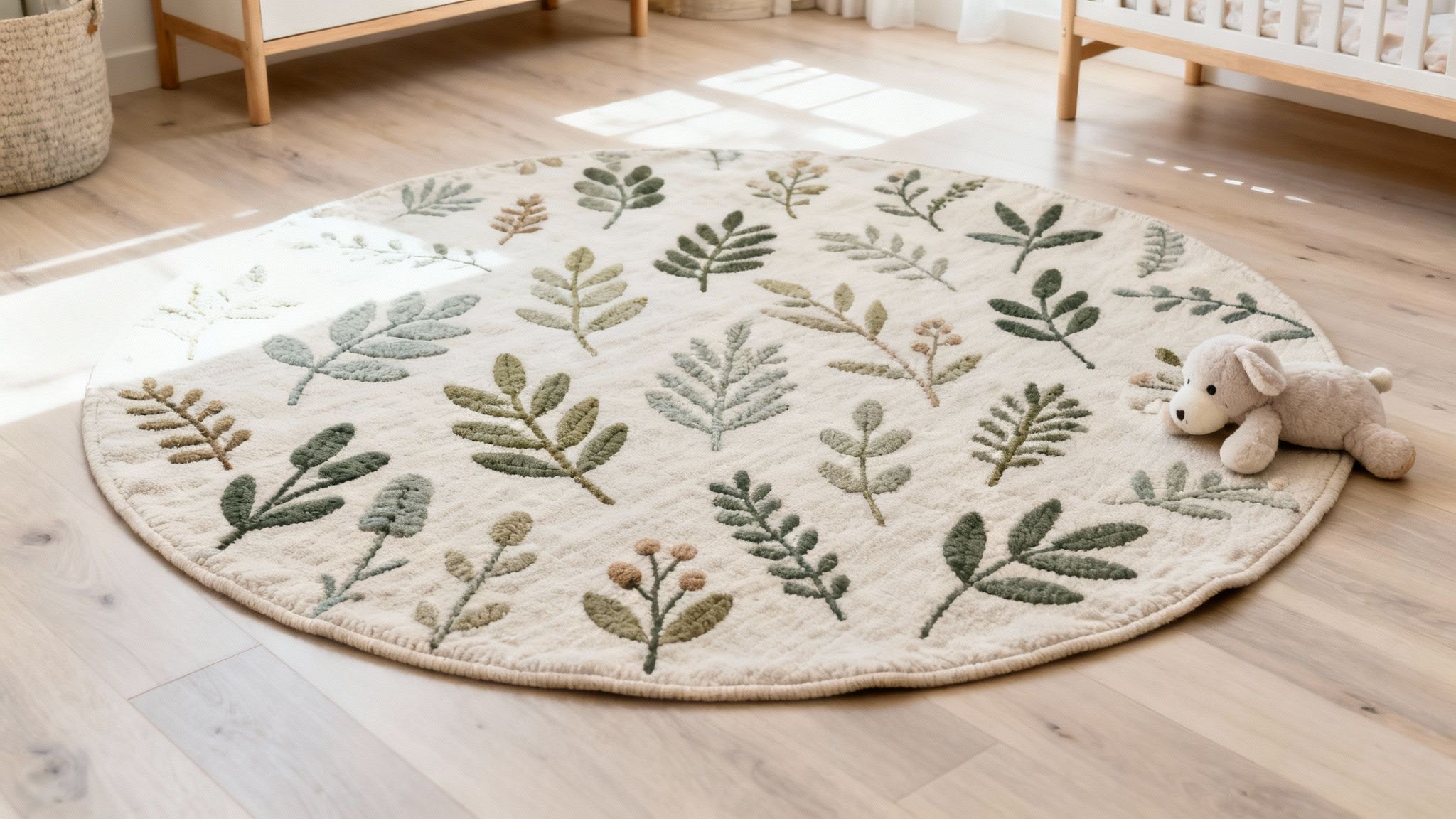 Rond crème tapijt met bladpatroon in groen- en bruintinten op een houten vloer in een babykamer, met een knuffelhondje.