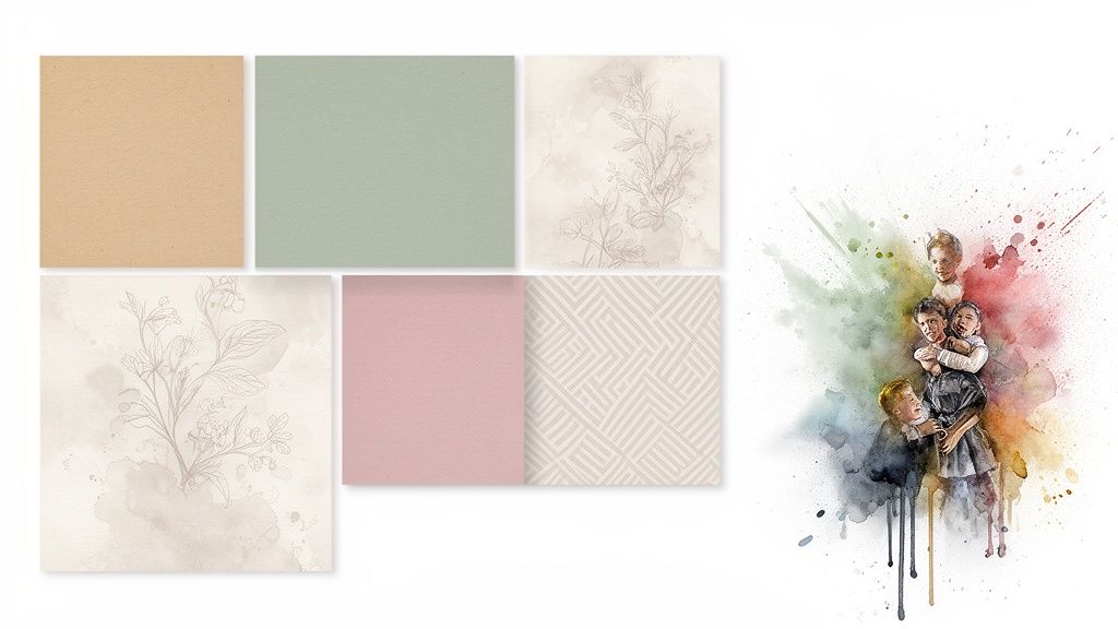 Neutrale behangstalen in bruin, groen, roze, met bloemen en geometrische patronen. Rechts een aquarel van spelende kinderen.