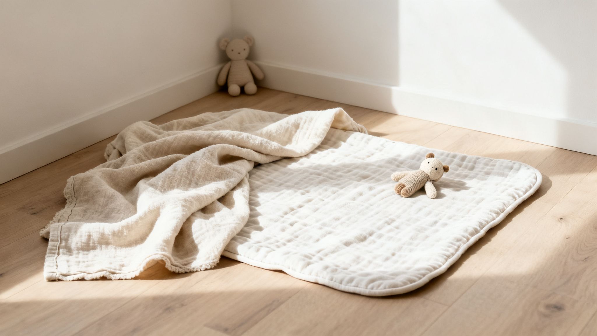 Twee beige dekens en twee teddyberen liggen op een lichte houten vloer in een hoek, met zonnige schaduwen.