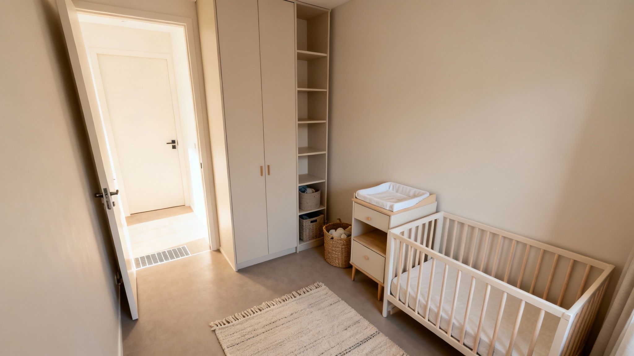 Rustige en functionele babykamer in neutrale tinten met een wieg, commode, kledingkast en open deur.