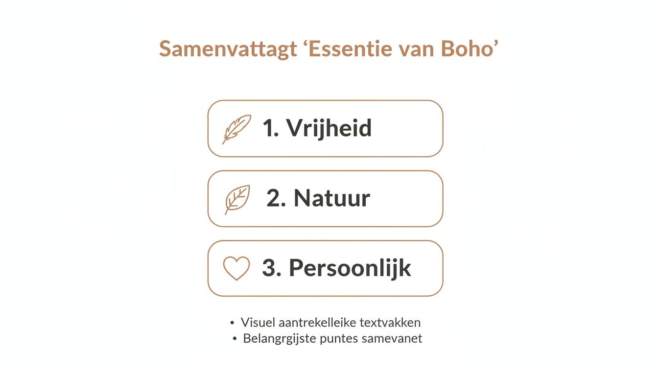Afbeelding met een samenvatting van de essentie van Boho: Vrijheid, Natuur en Persoonlijk, met bijbehorende pictogrammen.