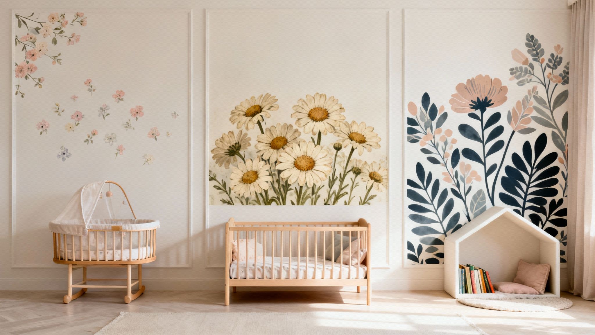 Gezellige kinderkamer met bloemenbehang, wieg, ledikant en boekenplank in de vorm van een huis.