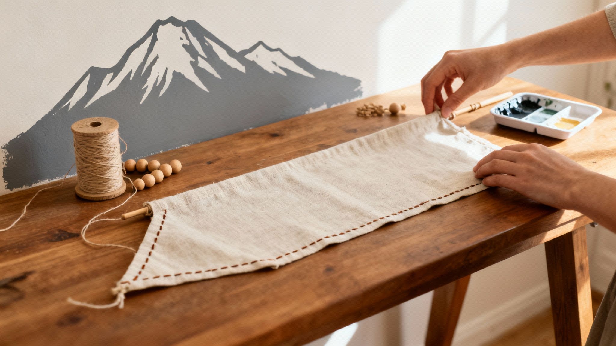 Handen decoreren stoffen wandkleed met touw en houten kralen, tegen muur met bergen.