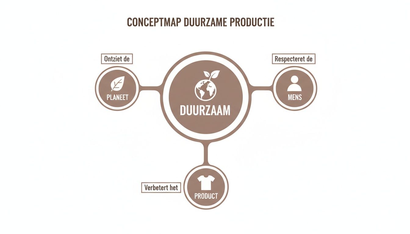 Conceptkaart duurzame productie met de pijlers: de planeet ontzien, de mens respecteren en het product verbeteren.