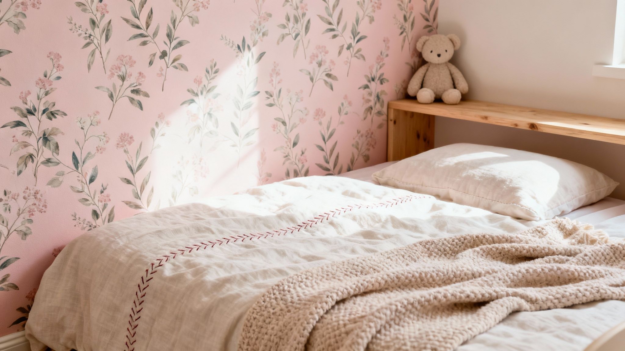 Gezellige kinderkamer met roze bloemenbehang, een bed met wit linnen, en een teddybeer op een houten plank.