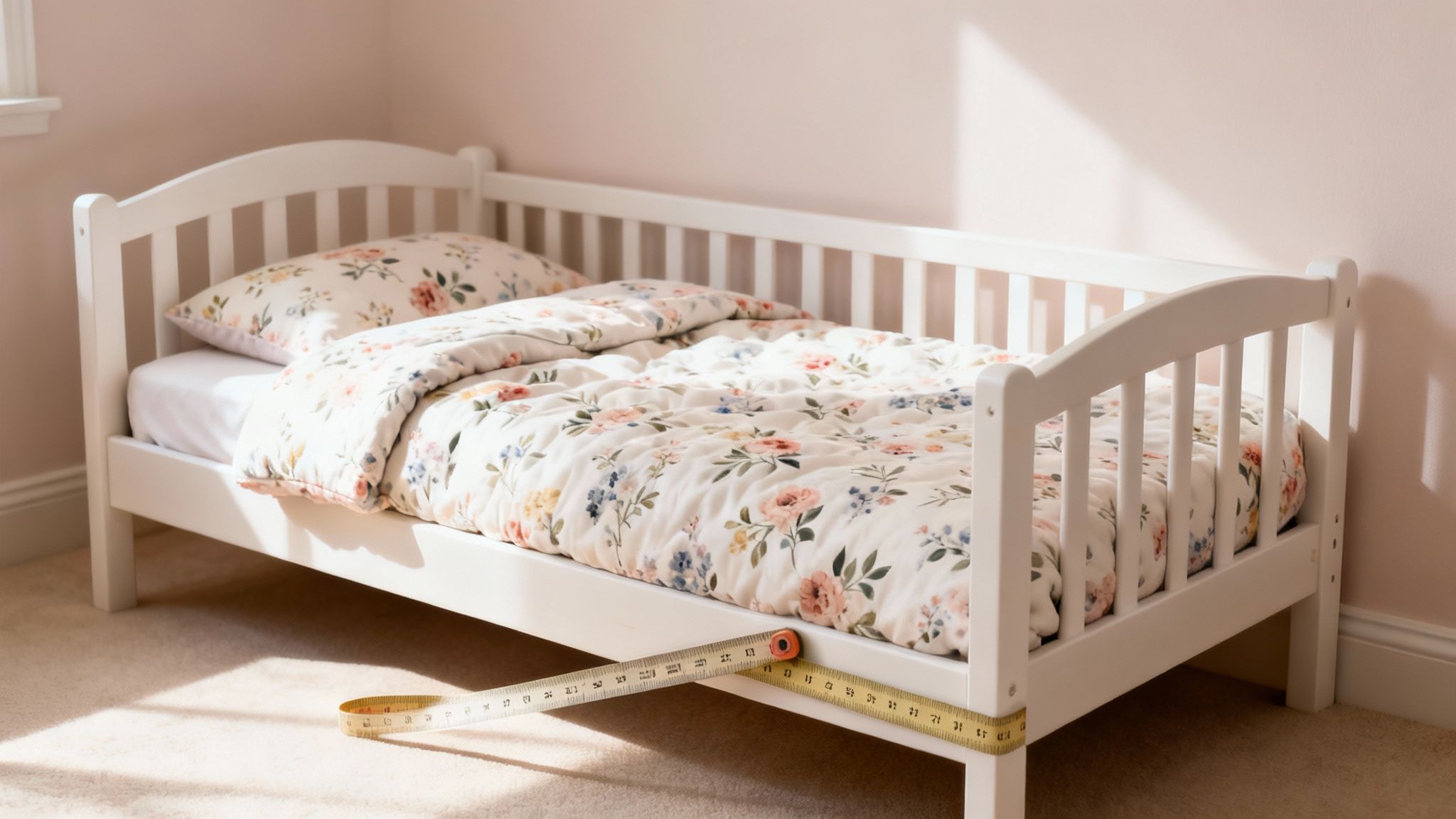 Wit peuterbed met bloemen dekbedovertrek en kussen, een meetlint rond de voet van het bed.