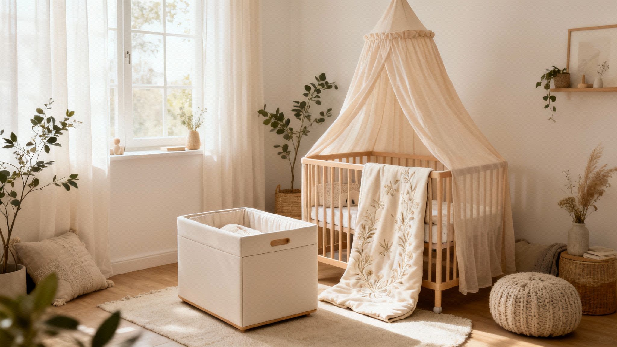 Een lichte babykamer met wieg, baldakijn, planten en een mobiele box op wielen.