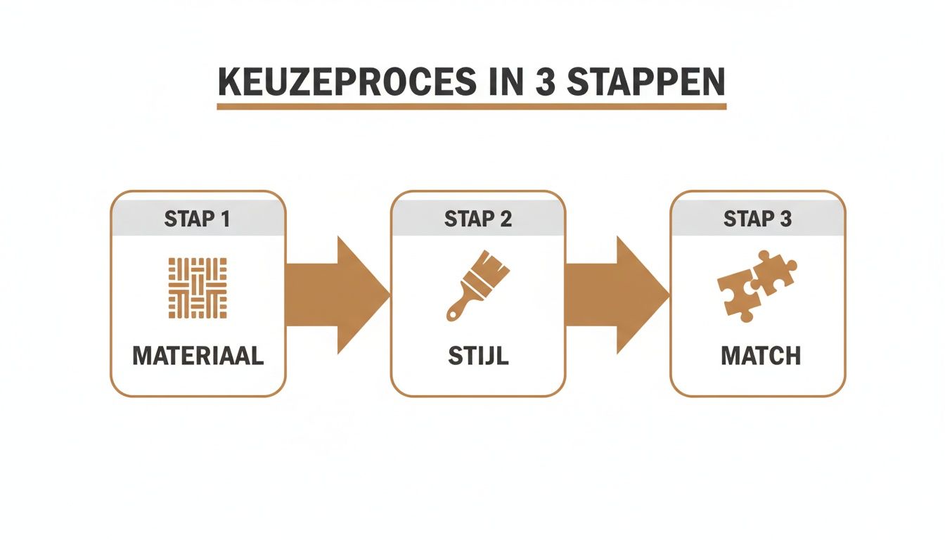 Infographic toont een 3-stappen keuze proces: materiaal, stijl en match, met bijbehorende iconen.