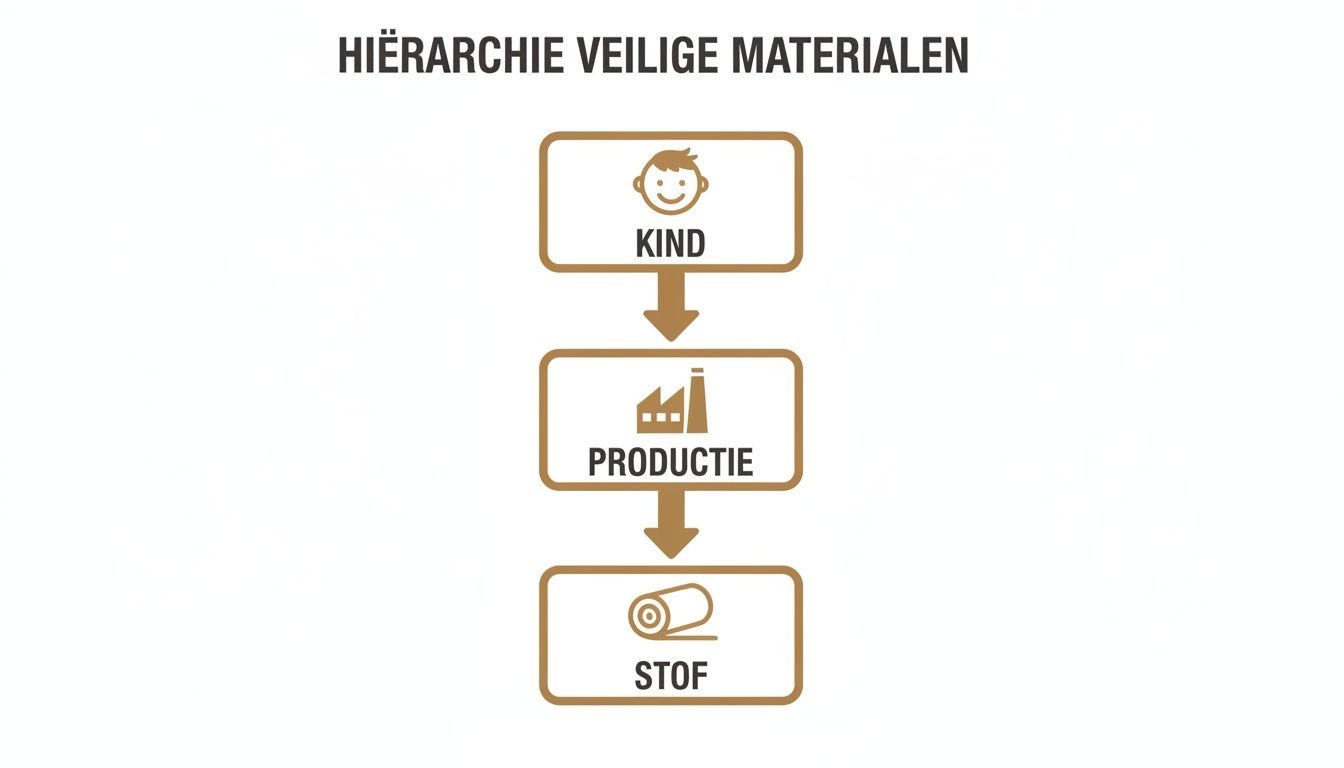 Hiërarchische weergave van veilige materialen: van kind, via productie, tot de stof.