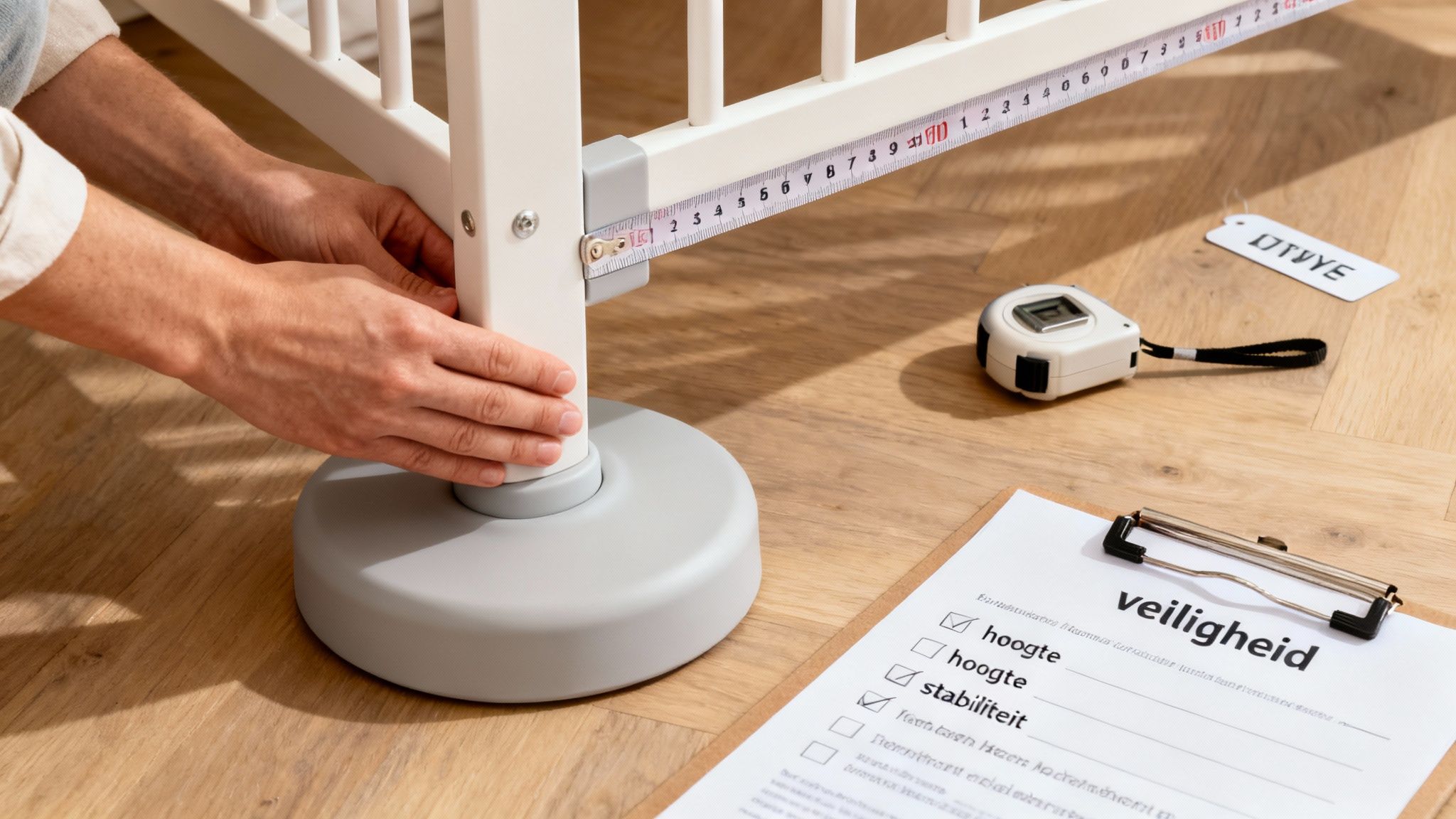 Handen meten een babybedje op voor veiligheidscontrole, met checklist en meetlint op houten vloer.