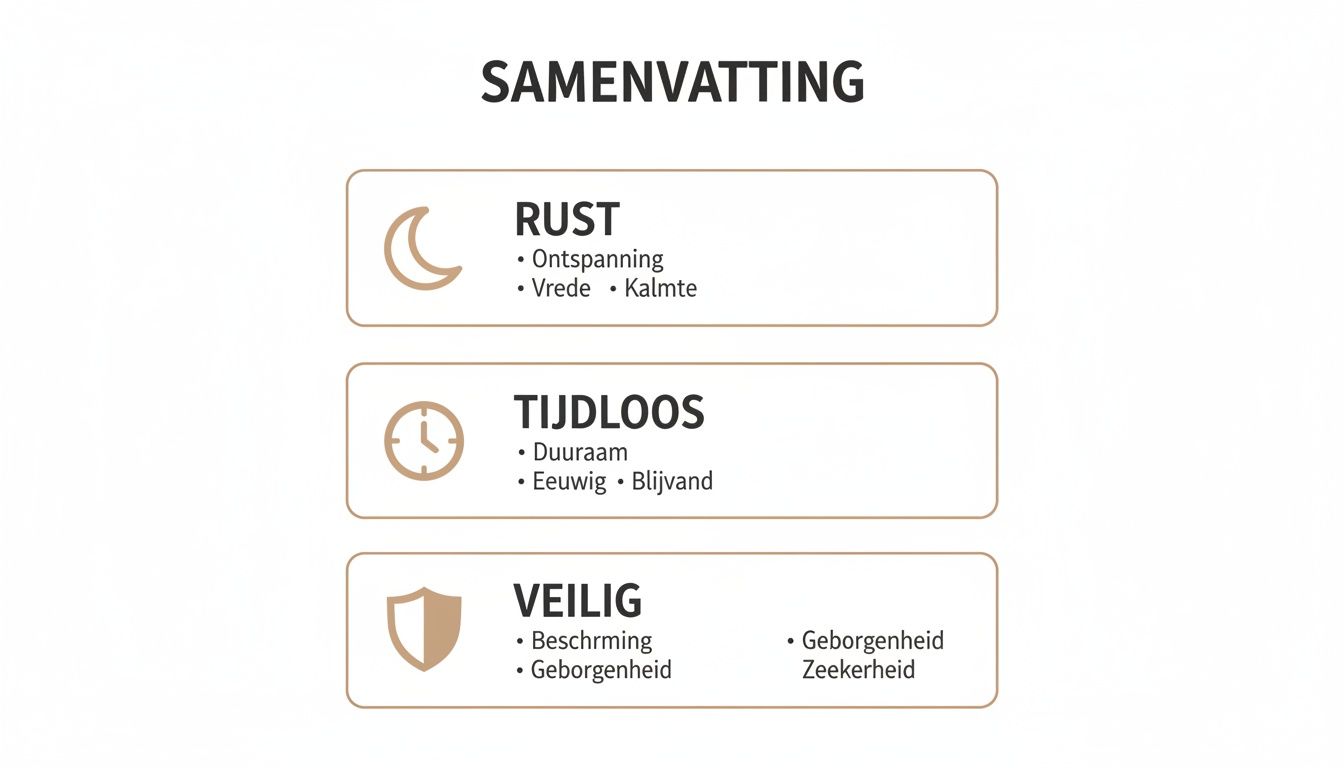 Samenvatting met iconen en kernwoorden over rust, tijdloosheid en veiligheid voor een babykamer.