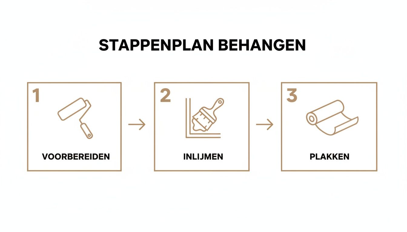 Stappenplan voor behangen: voorbereiden met roller, inlijmen met kwast en plakken met behangrol, inclusief pijlen die de volgorde aangeven.