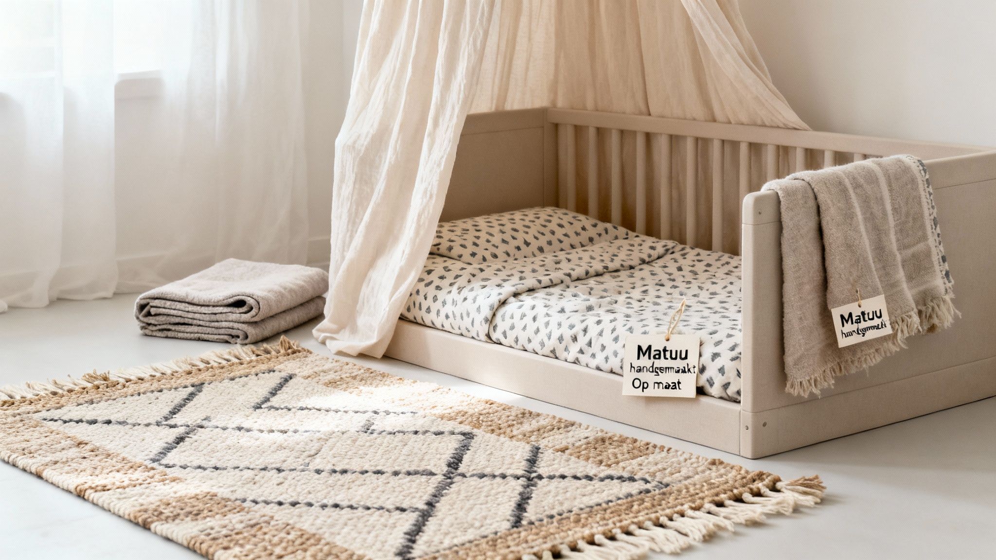 Lichte babykamer met crèmekleurig ledikant, beddengoed, deken, vloerkleed en gevouwen textiel.