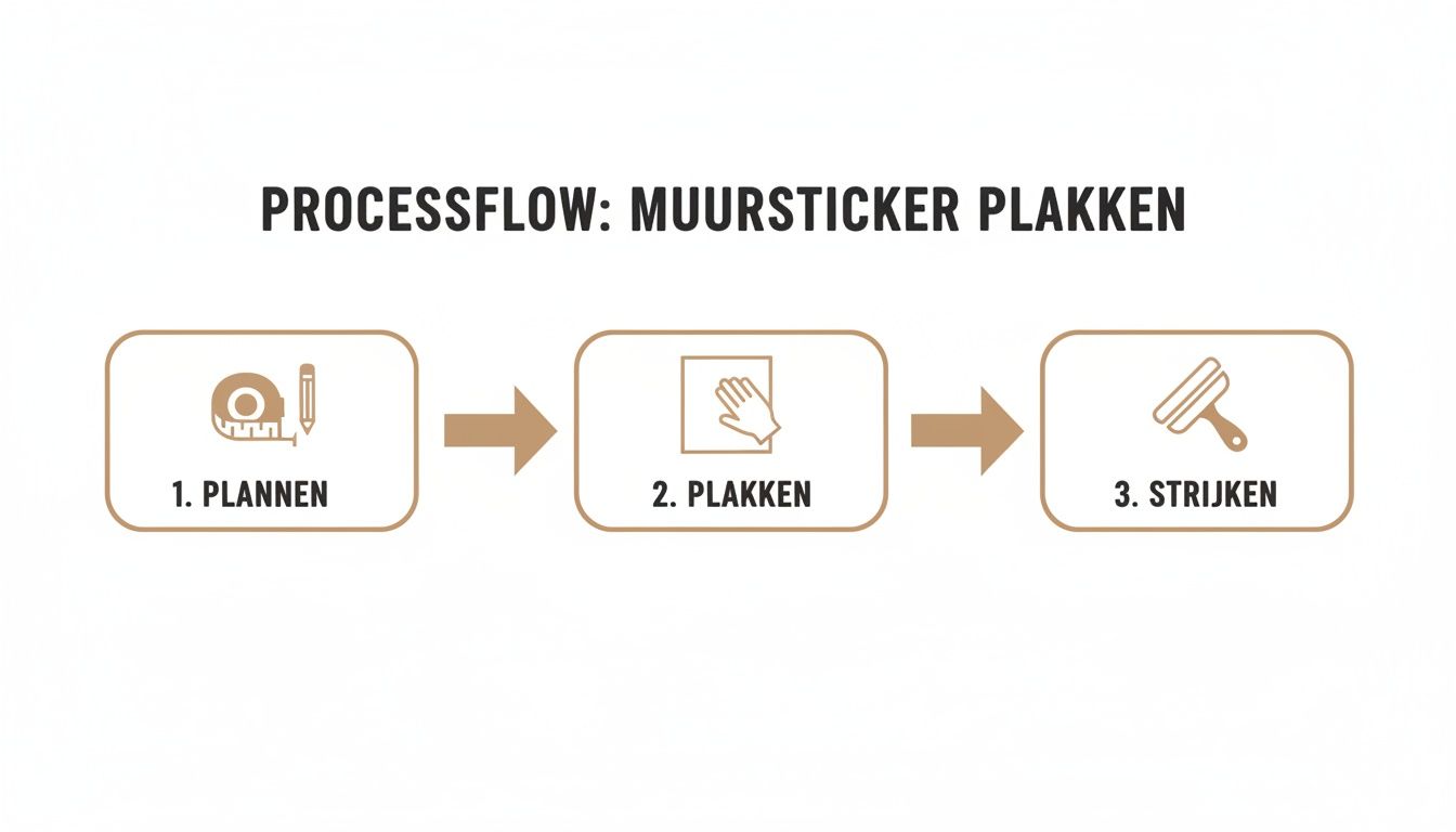 Een processchema toont de stappen voor het aanbrengen van een muursticker: plannen, plakken en strijken.