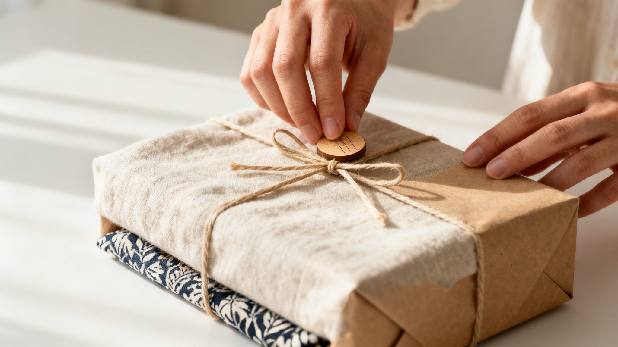 Handen versieren een cadeau verpakt in kraftpapier en stof met touw en een houten knoop.