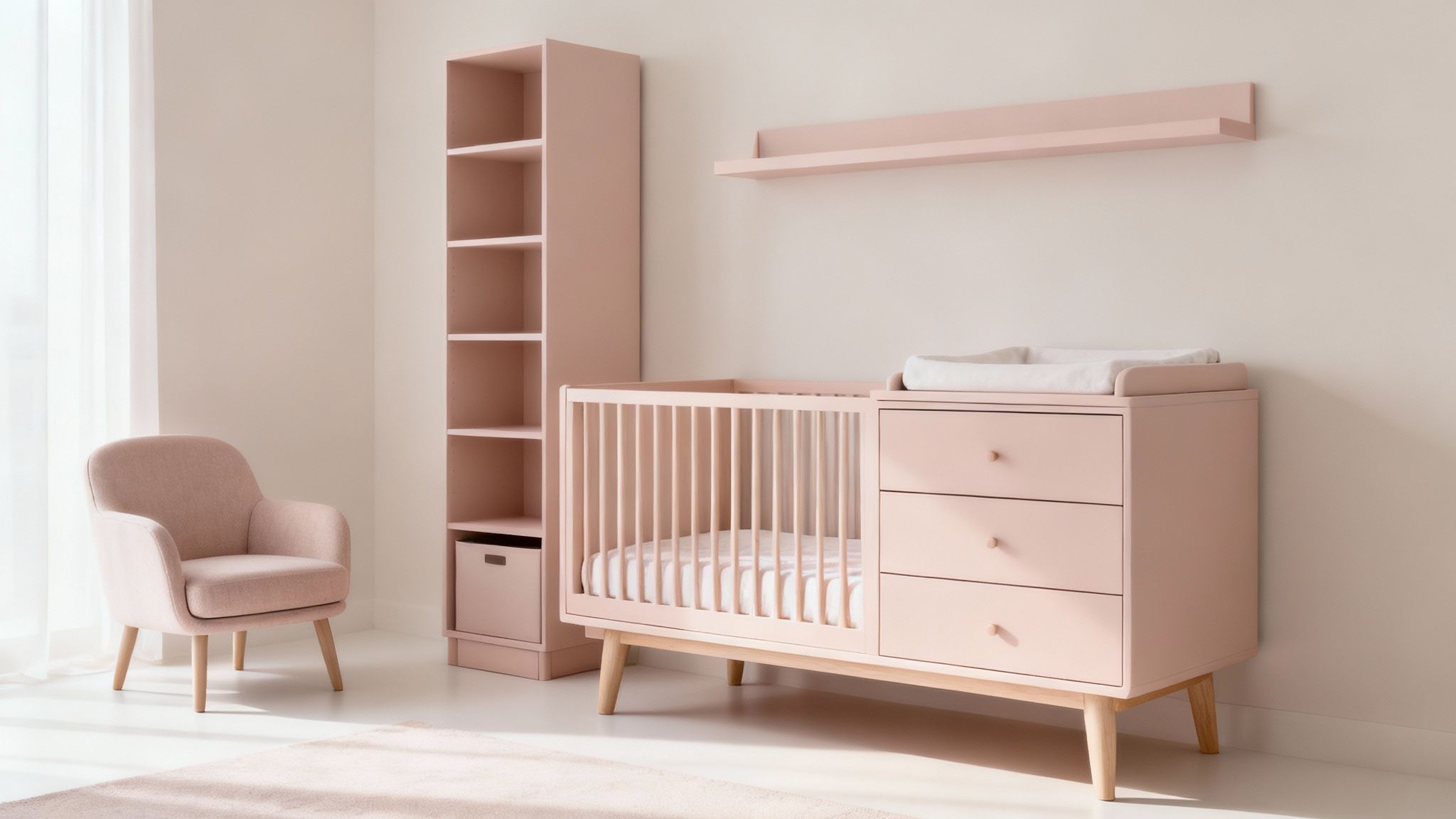 Stijlvolle babykamer in zachtroze tinten met wieg, commode, planken en fauteuil.