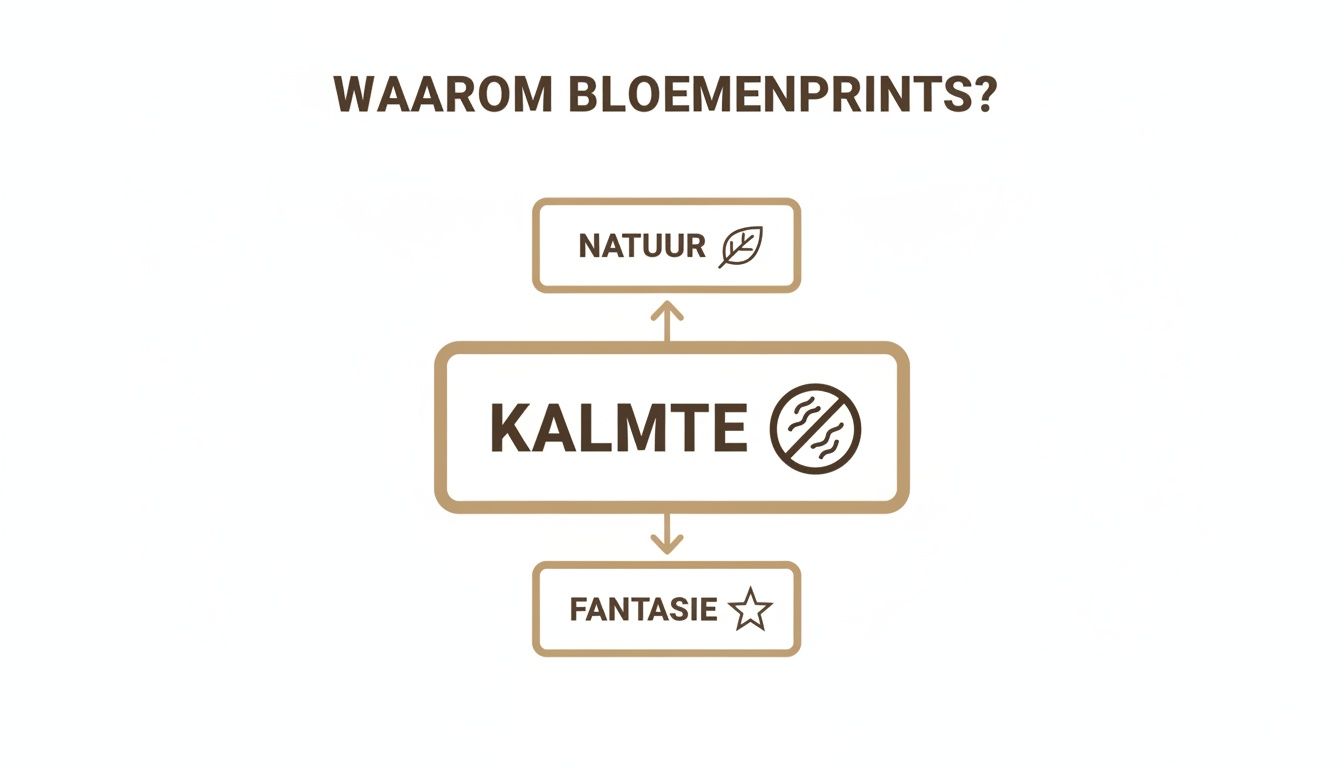 Diagram dat uitlegt waarom bloemenprints geassocieerd worden met kalmte, natuur en fantasie.