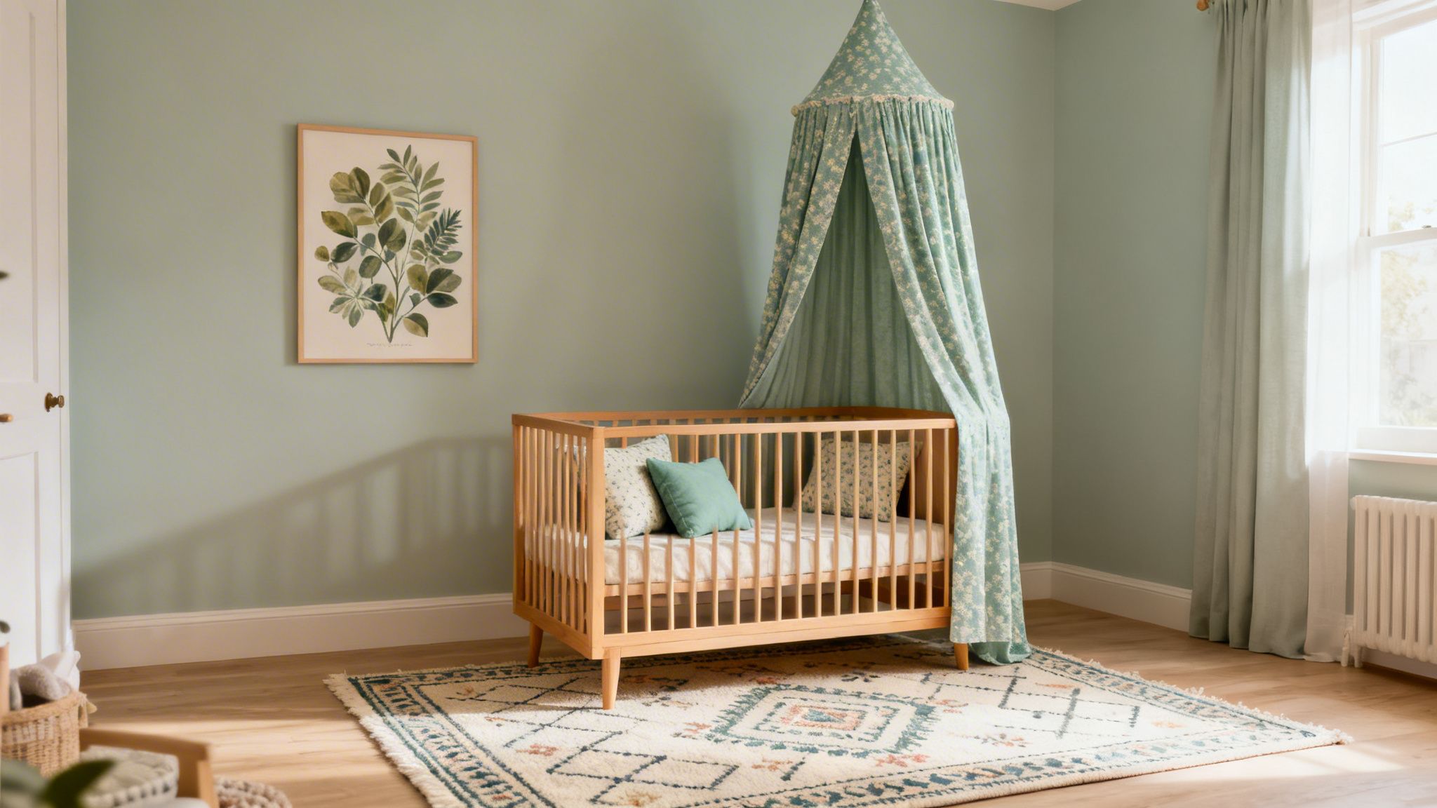 Lichte babykamer met een houten ledikant, mintgroene muur en een vloerkleed met kleurrijke patronen.