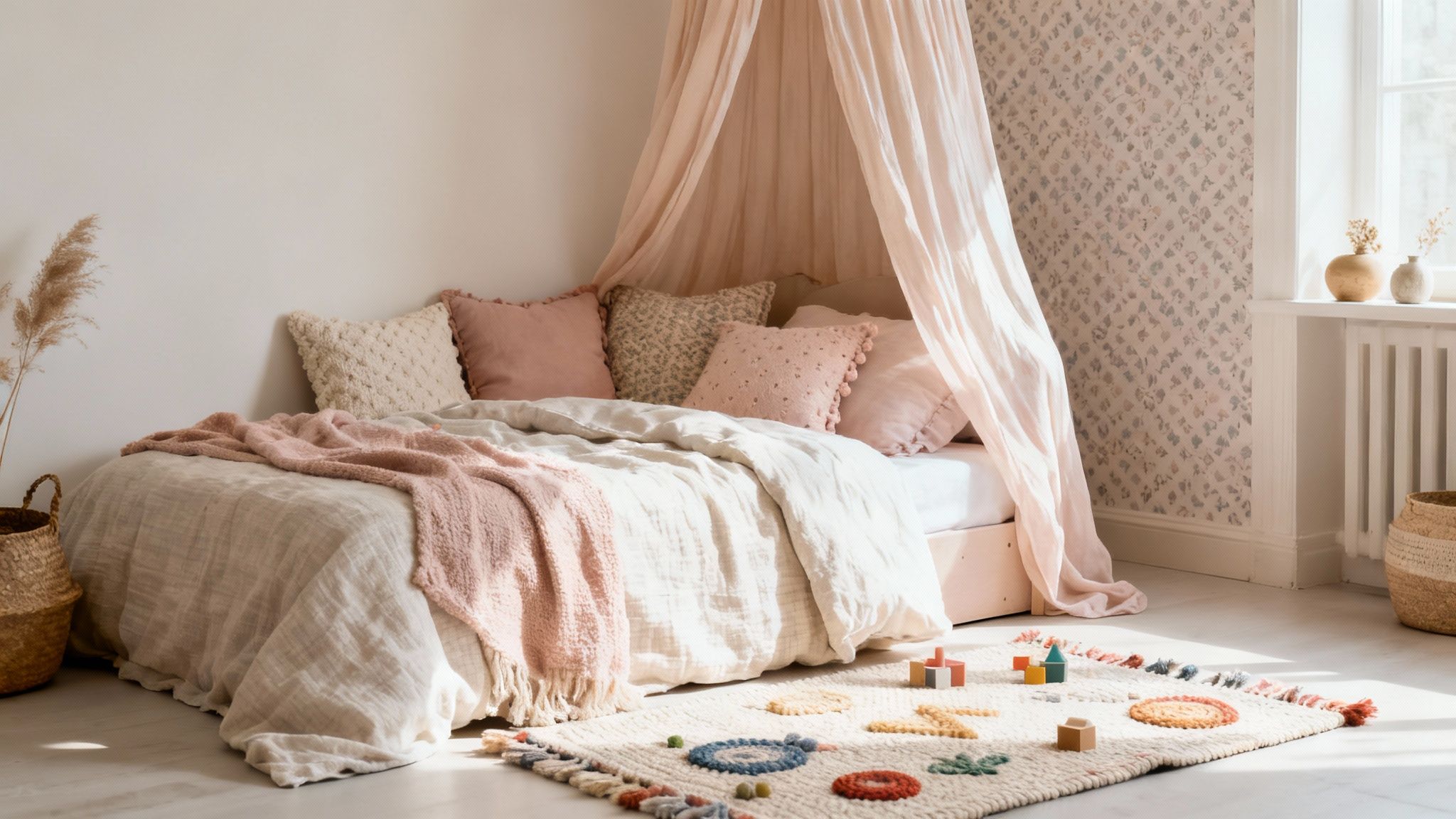 Gezellige kinderkamer met bed, roze hemel, kussens, speelkleed en behang in warme tinten.