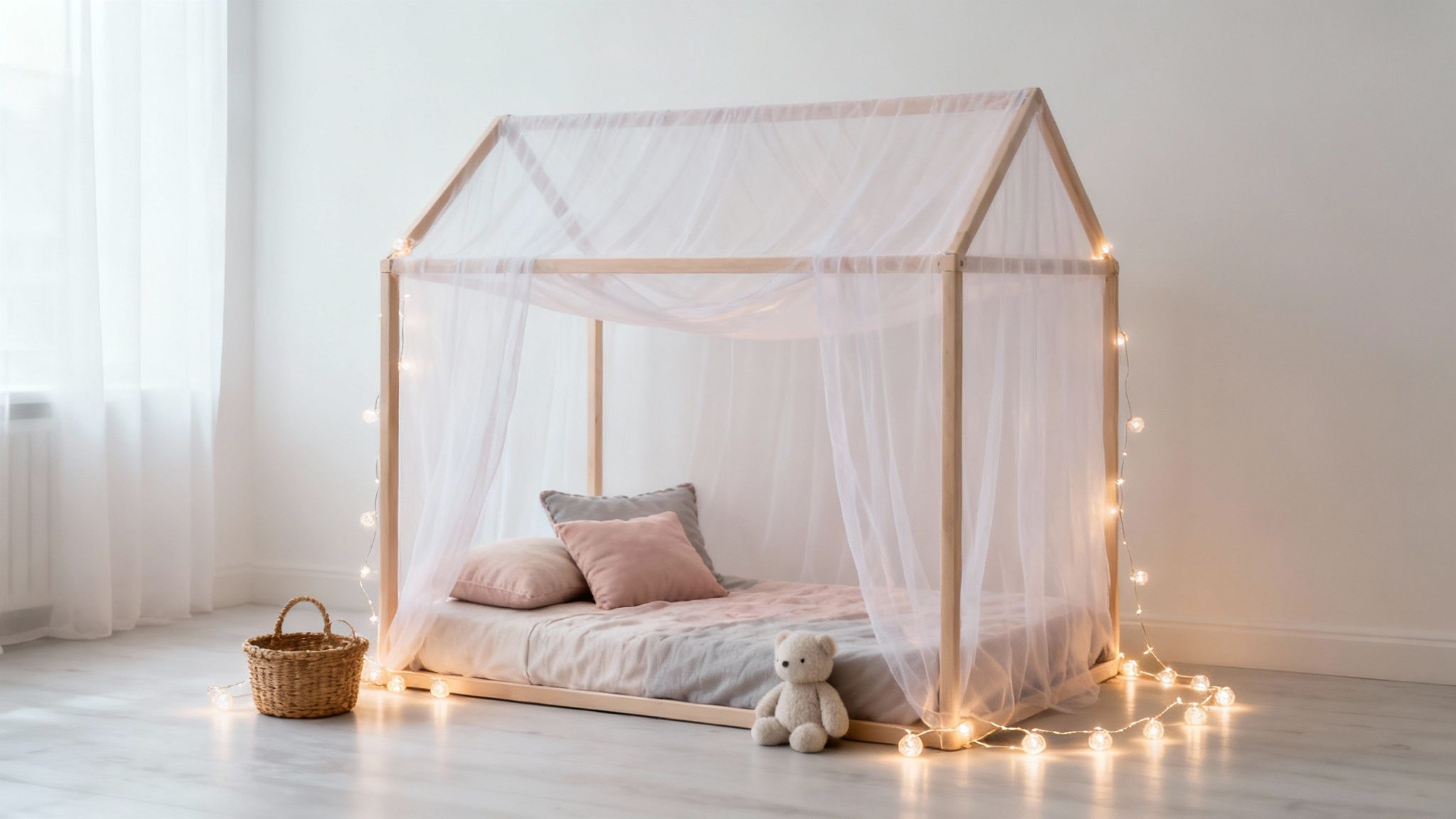 Een sfeervol huisvormig kinderbed met klamboe, zachte kussens en twinkelende lichtjes in een serene kamer.