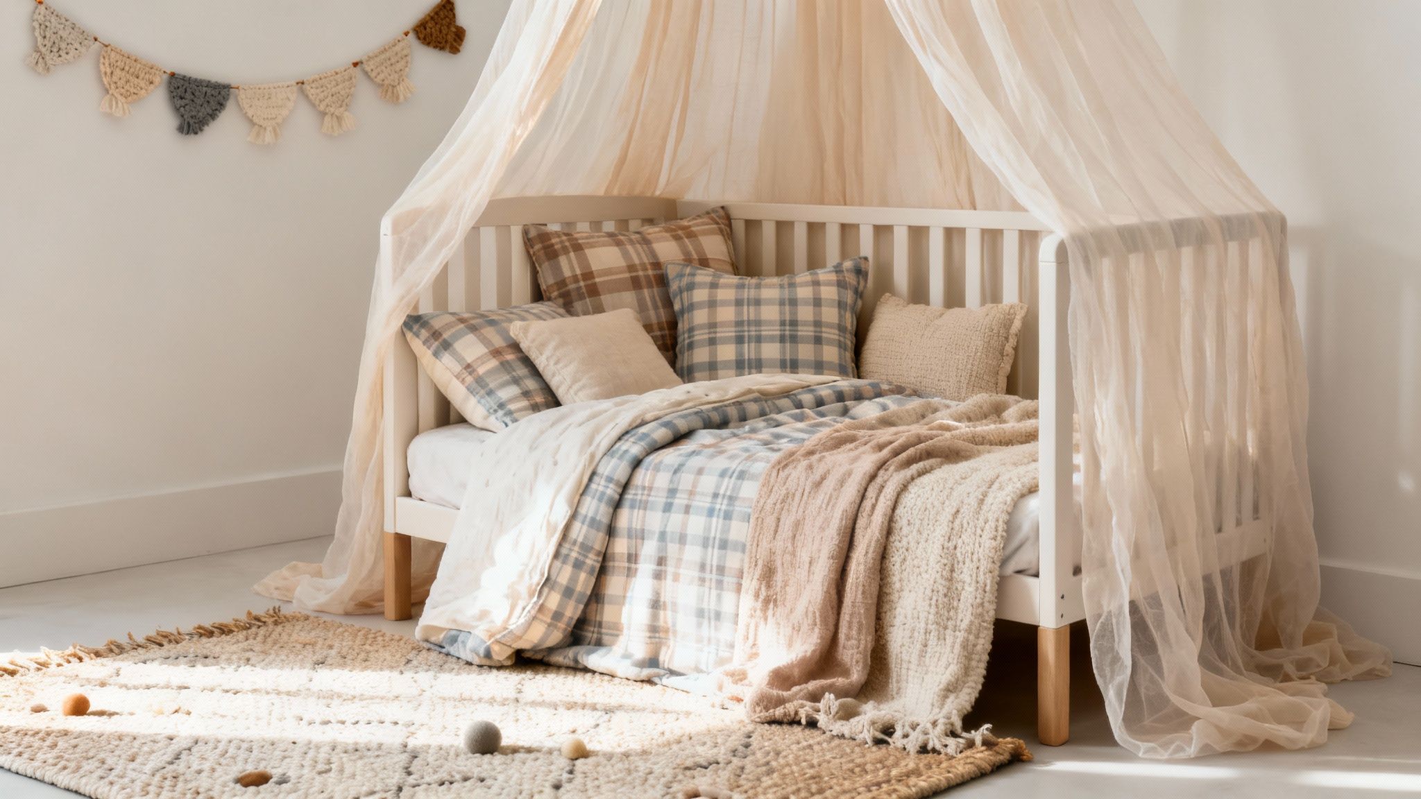 Een knus kinderbed met een geruit dekbed, kussens en een transparant hemelbed in een lichte kinderkamer.