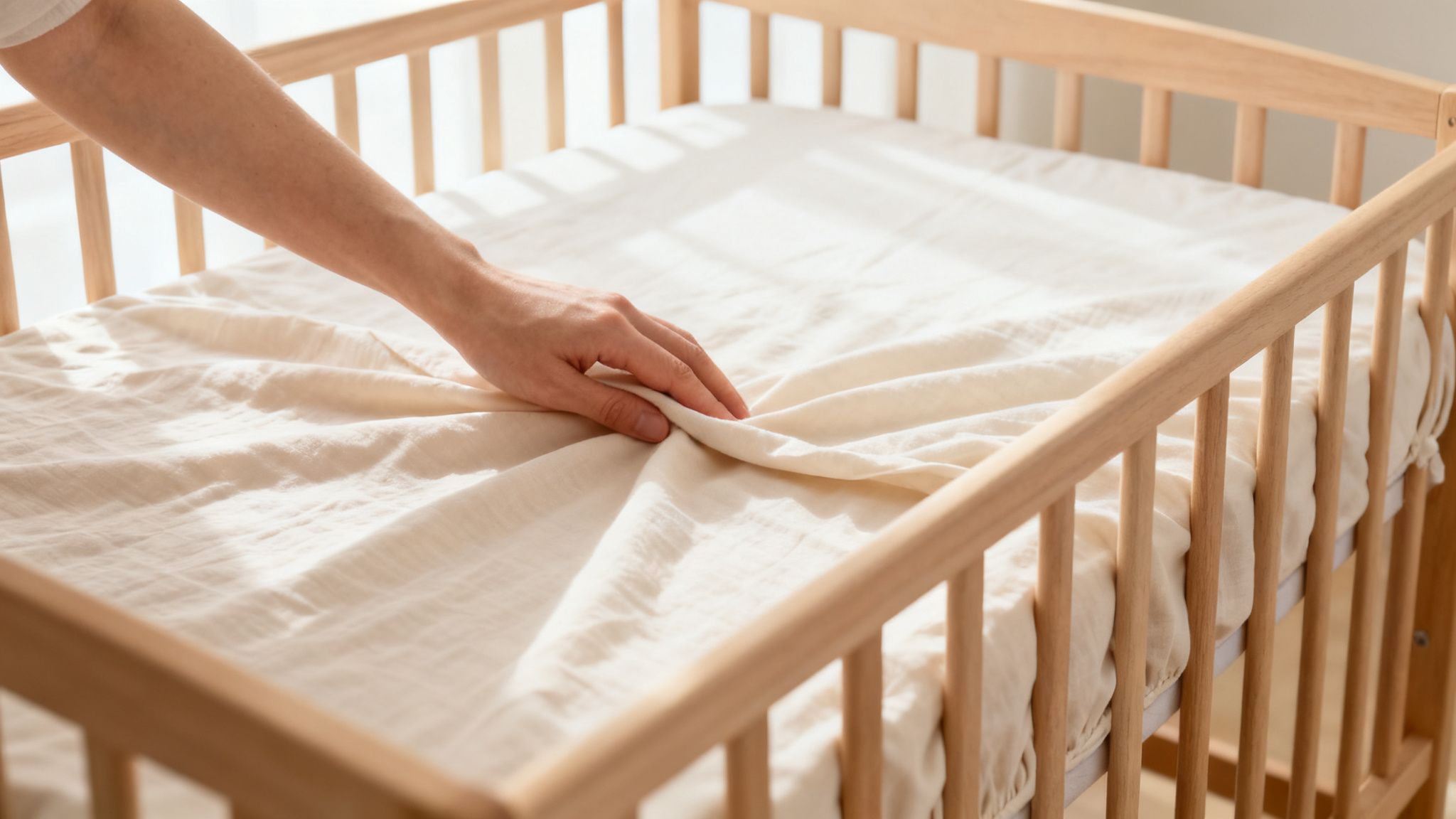 Een hand strijkt een crèmekleurig hoeslaken glad in een houten babyledikant, klaar voor gebruik.