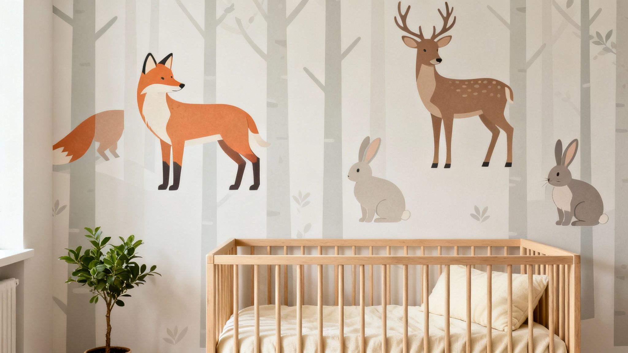 Babykamer met bosdierenbehang (vos, hert, twee konijnen), een houten ledikant en een groene plant.