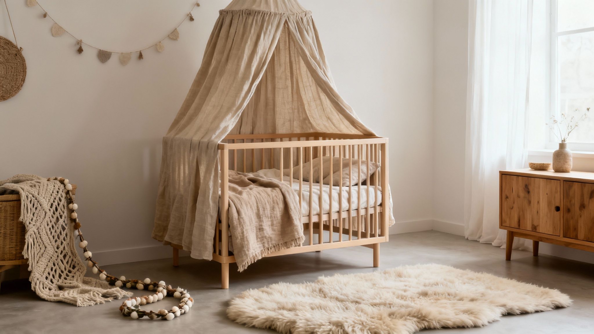 Een rustige babykamer in neutrale kleuren met een houten ledikant, beige klamboe en zacht vloerkleed.