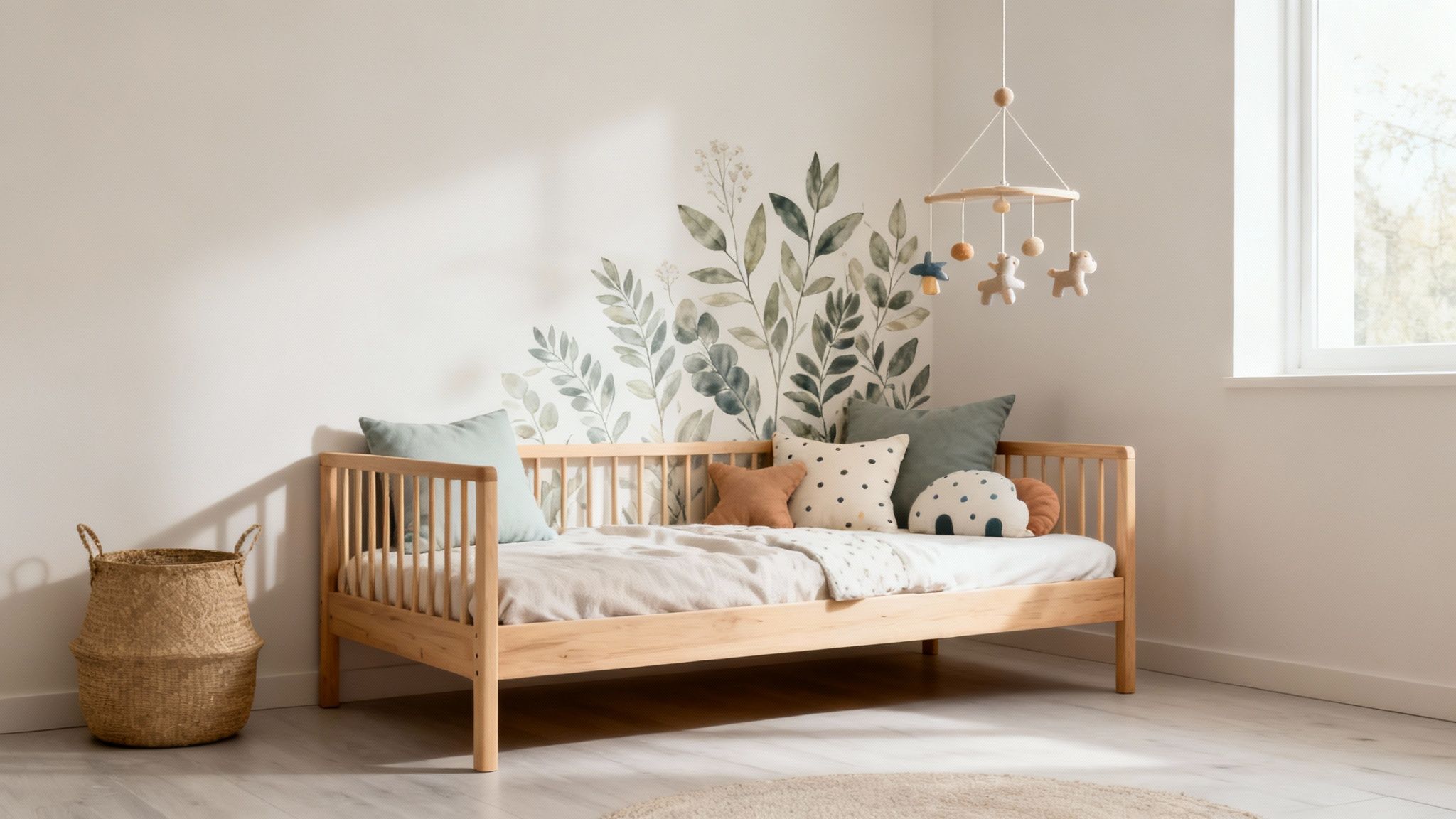 Gezellige kinderkamer met houten bed, botanische muurdecoratie, zacht beddengoed en een speelse mobiel.