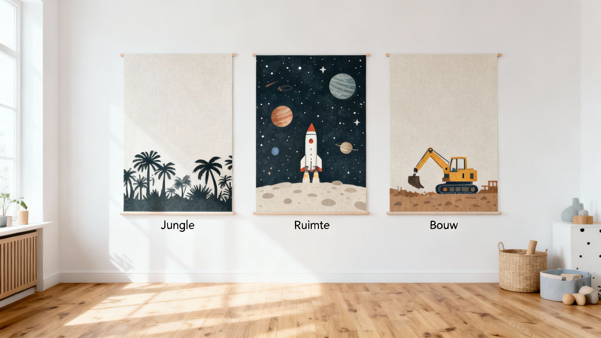 Drie wandkleden voor jongens in een kinderkamer met thema's jungle, ruimtevaart en bouw.