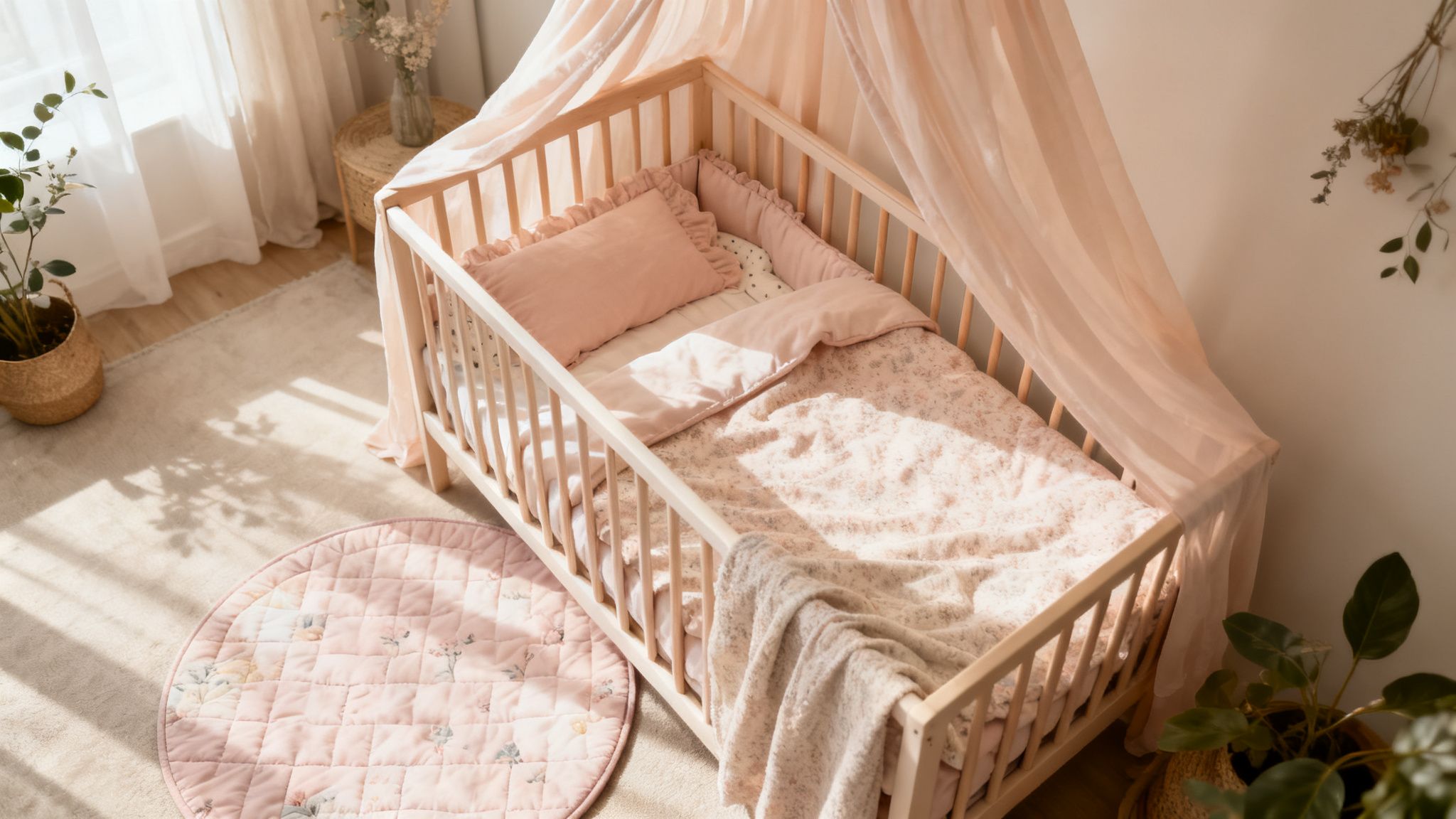Gezellige babykamer met houten ledikant, roze beddengoed, een baldakijn en een ronde mat.