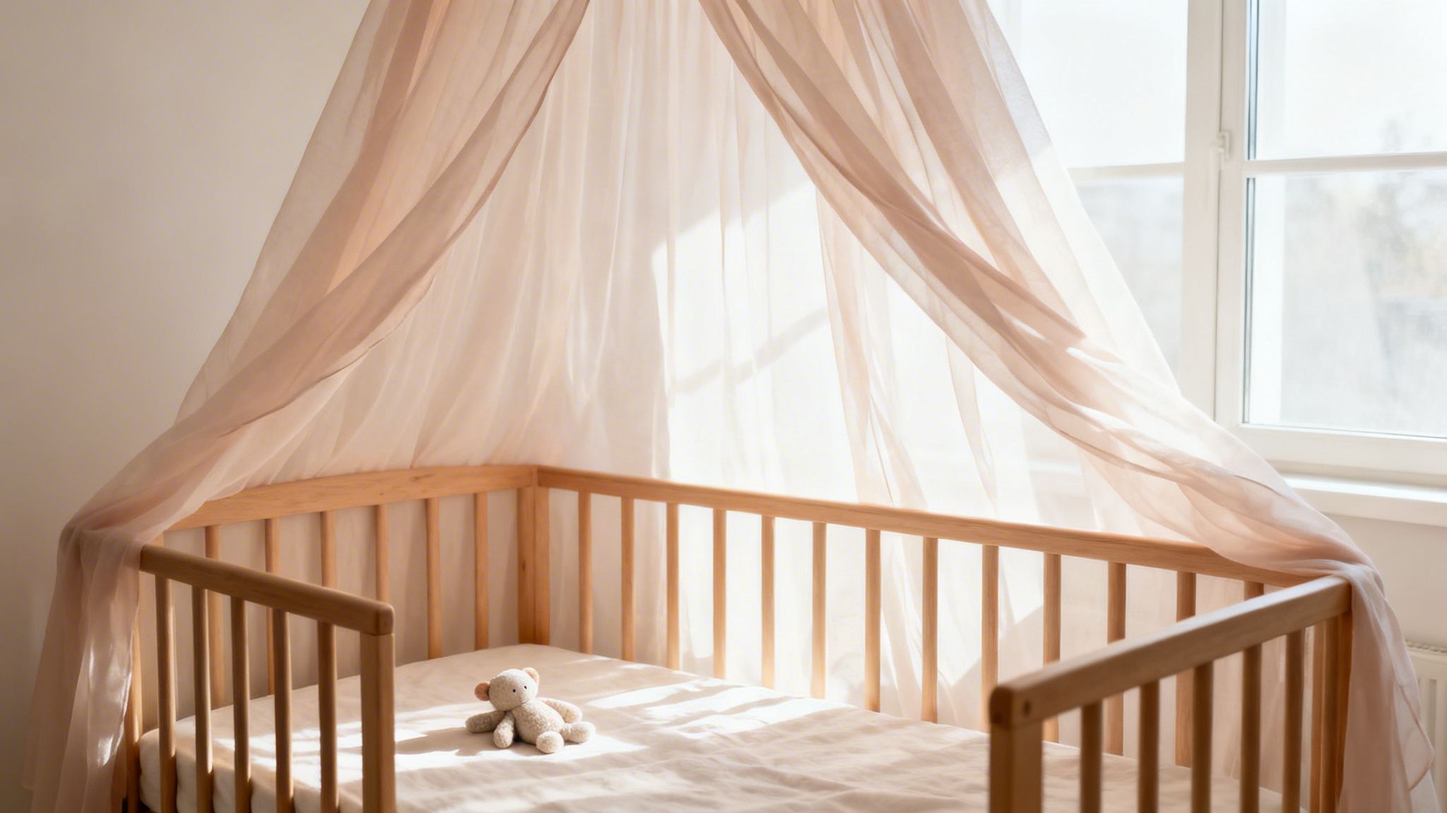 Een houten babywiegje met een lichte stoffen hemel en een teddybeer, badend in zonlicht.