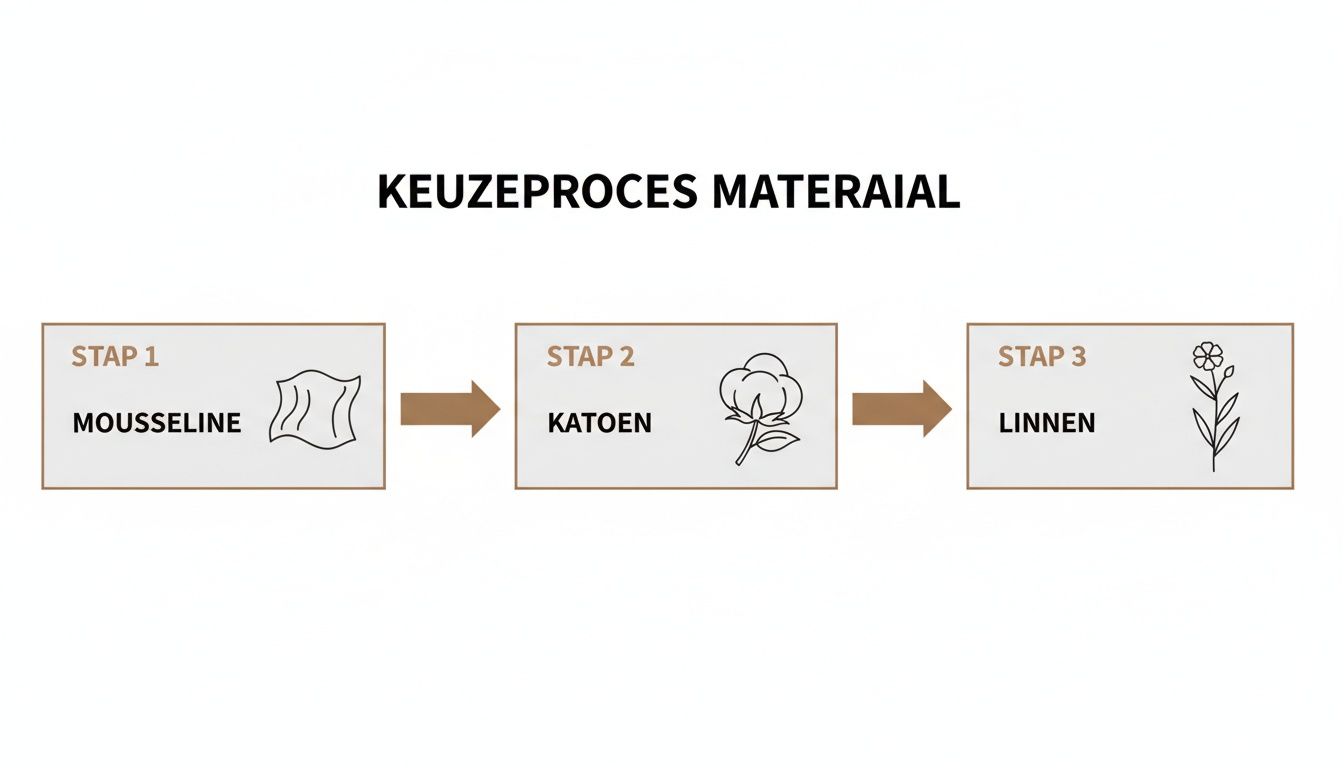 Stroomschema dat het keuzeproces voor materialen toont, inclusief mousseline, katoen en linnen, met bijbehorende afbeeldingen.