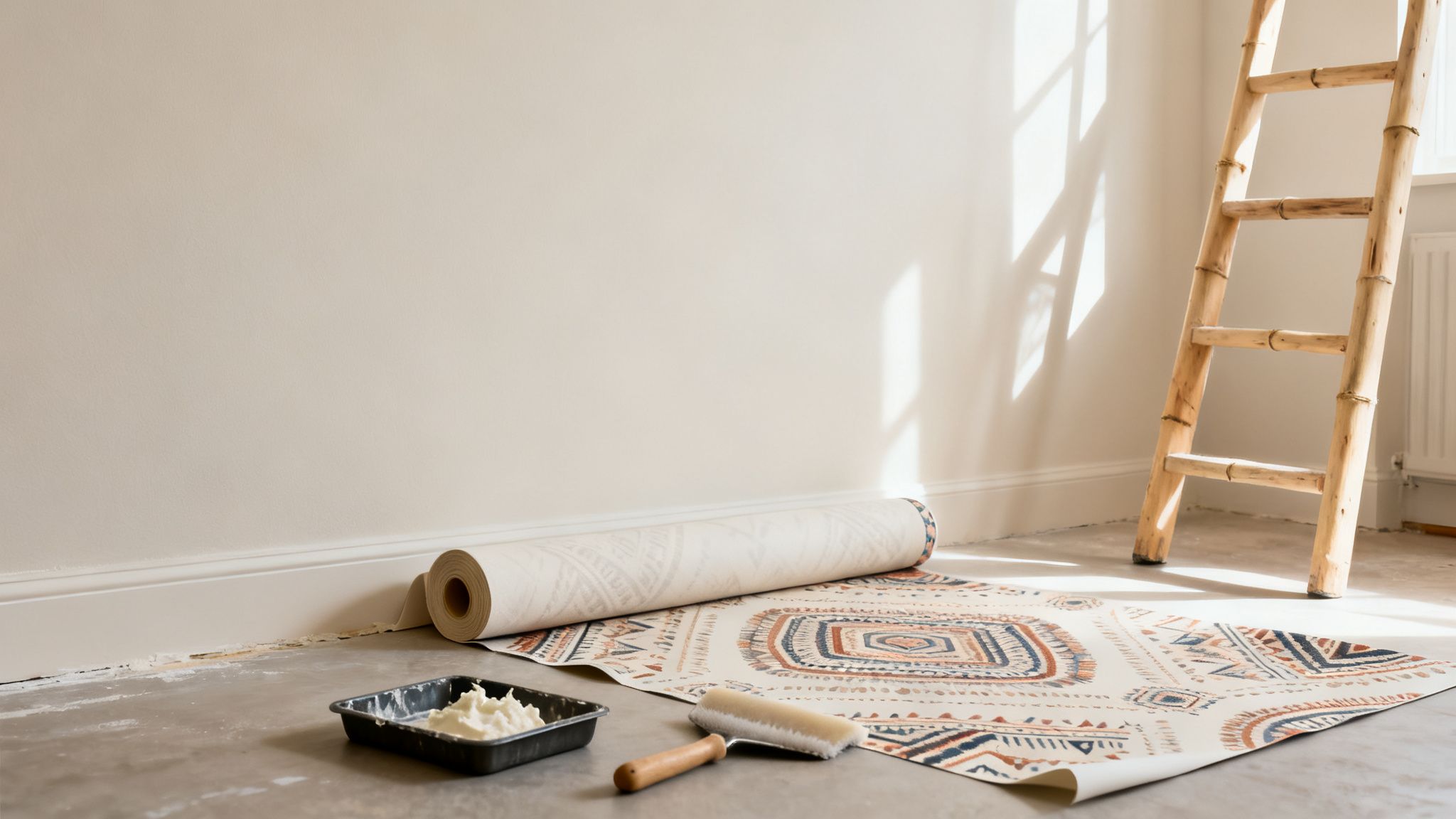 Rol boho behang op de vloer met behanglijm, roller en een bamboe ladder in een lichte kamer.