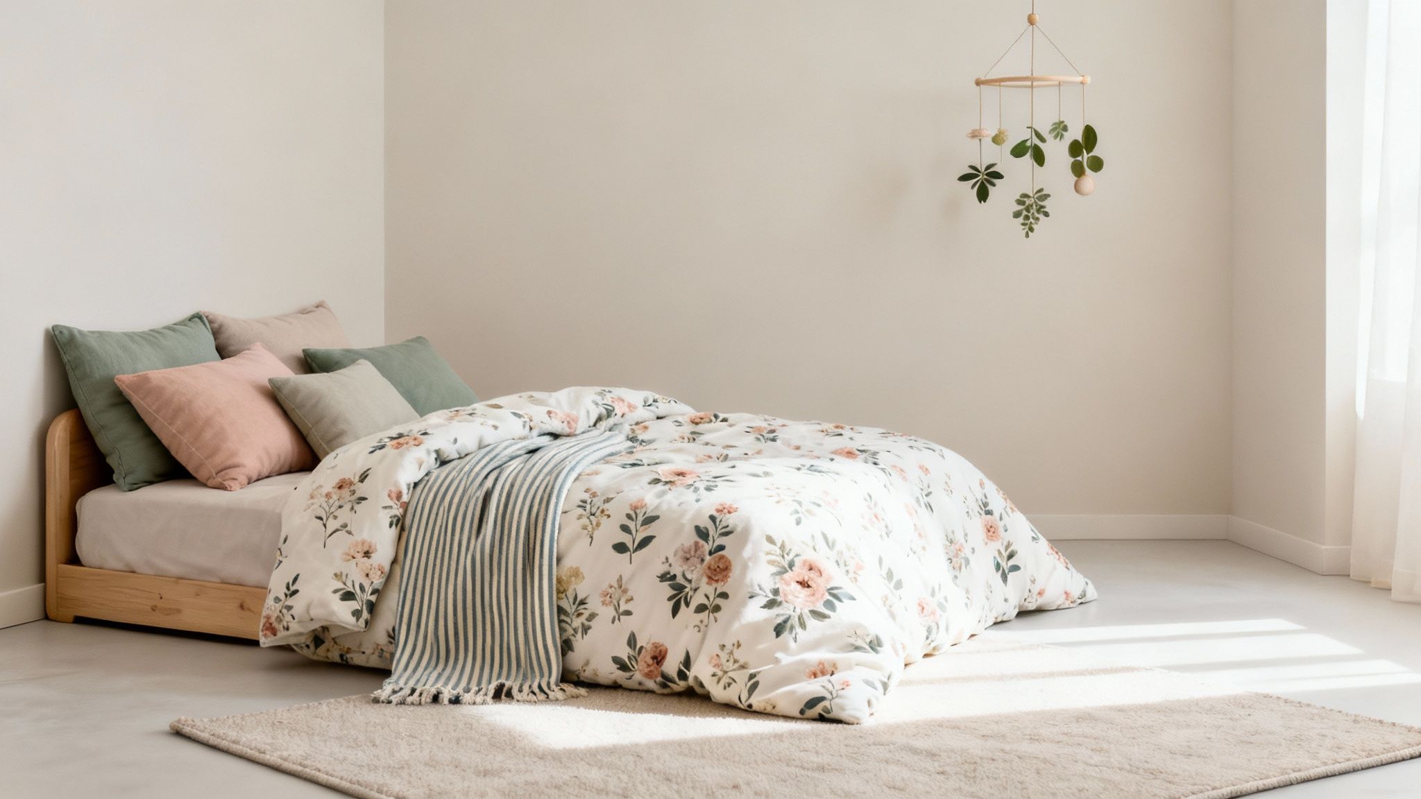 Een zonnige slaapkamer met een bed met bloemendekbedovertrek, groene en roze kussens, en een houten bedframe.