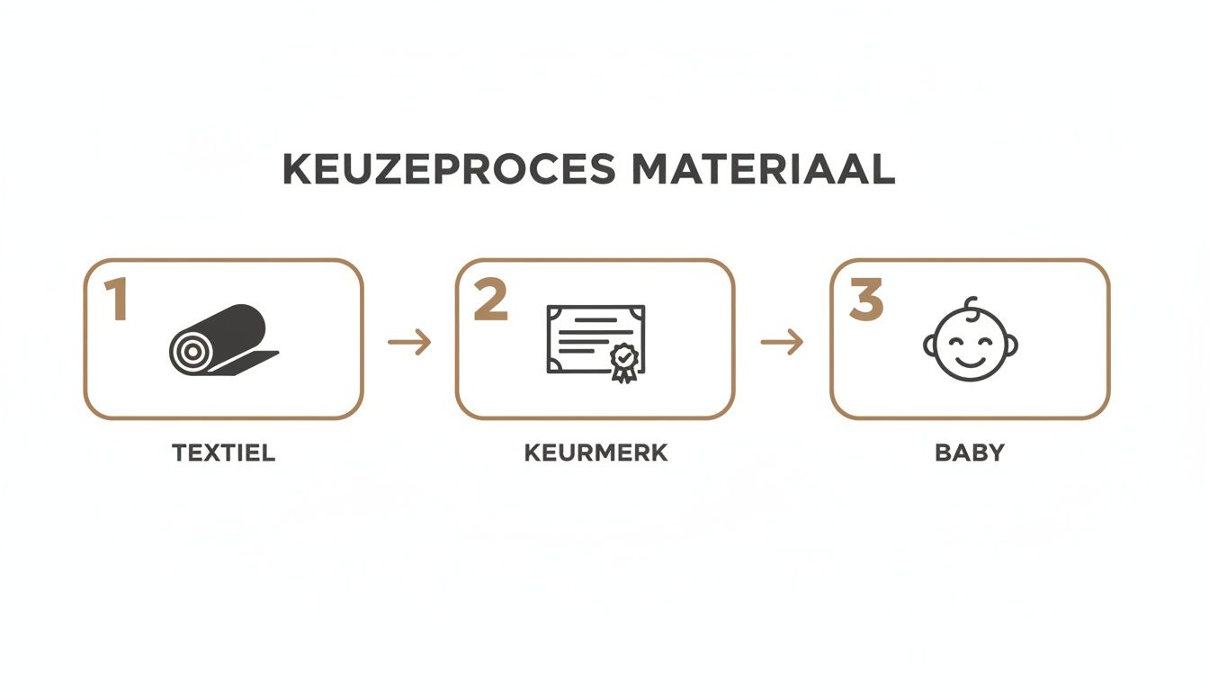 Schematische weergave van het selectieproces voor babymaterialen: textielkwaliteit met keurmerk.