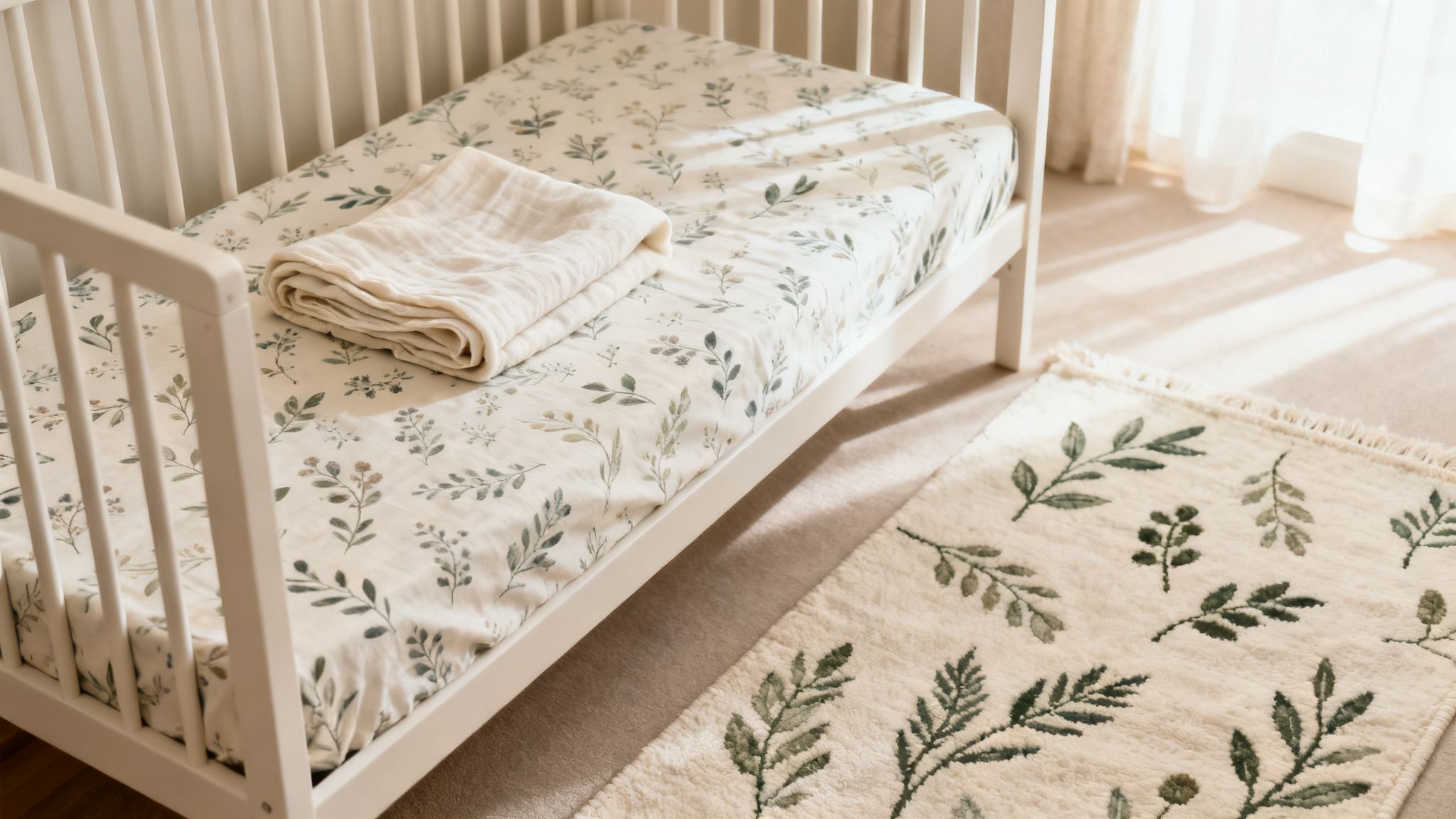 Witte ledikant met botanisch hoeslaken, opgevouwen deken en bijpassend vloerkleed in een lichte kinderkamer.