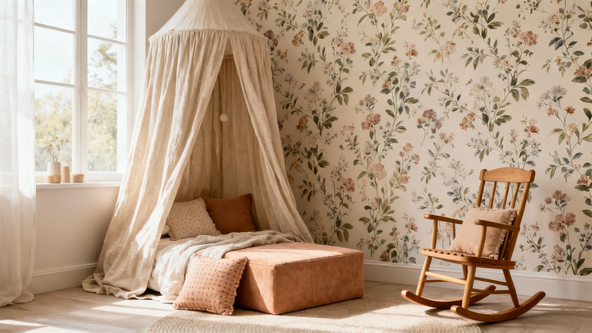 Een gezellige kinderkamer met bloemenbehang, een bed met luifel en een houten schommelstoel bij een raam.