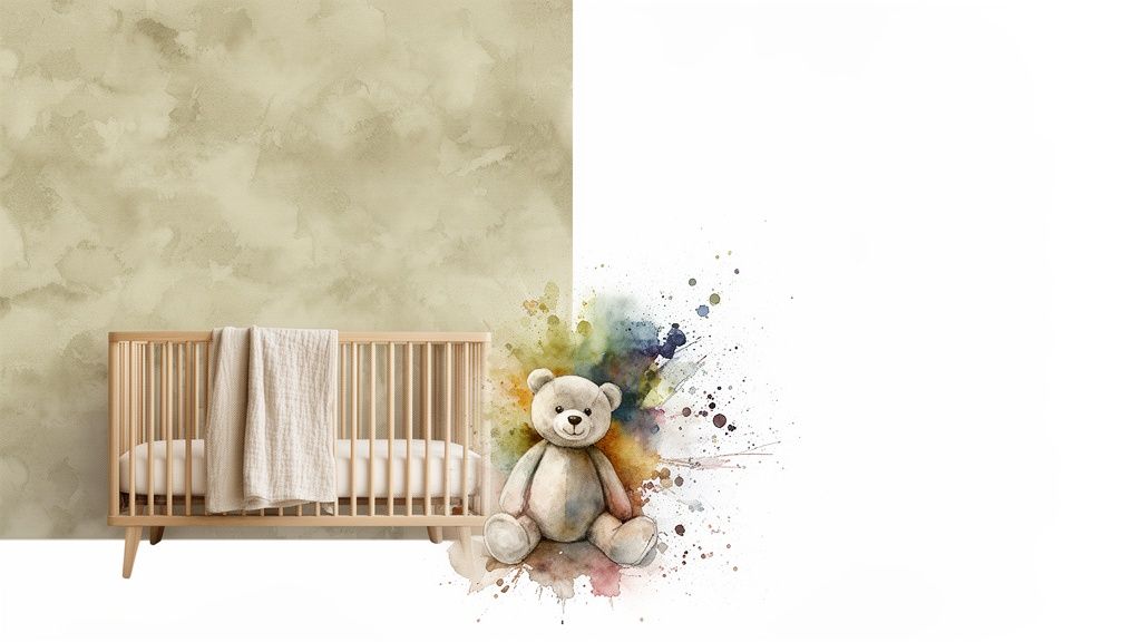 Een babybedje met zachte deken voor een neutrale, waterverfachtige muur, met een teddybeer en kleurrijke spetters.