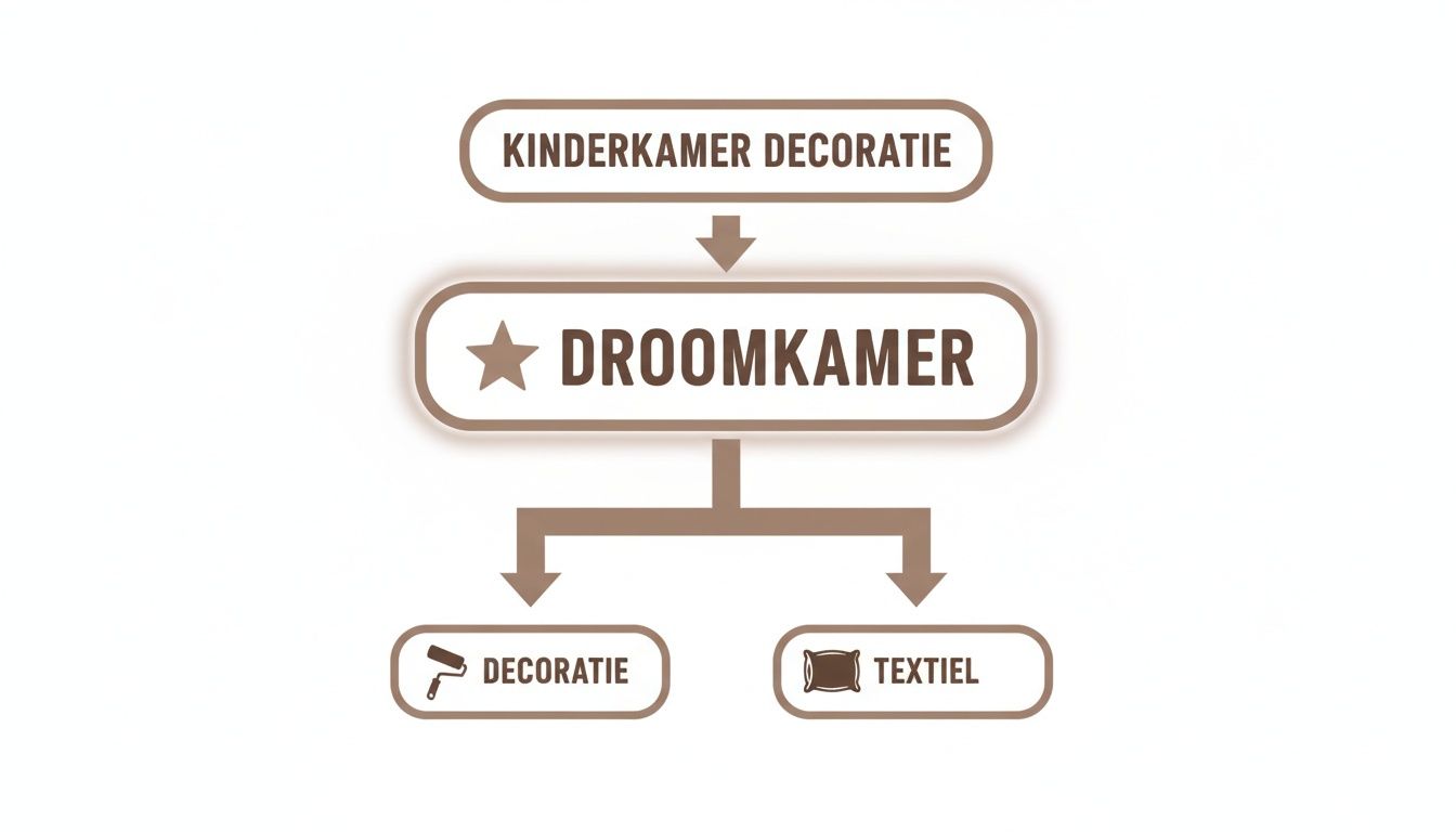 Stroomdiagram met Kinderkamer Decoratie bovenaan, leidend naar Droomkamer, met opties Decoratie en Textiel.