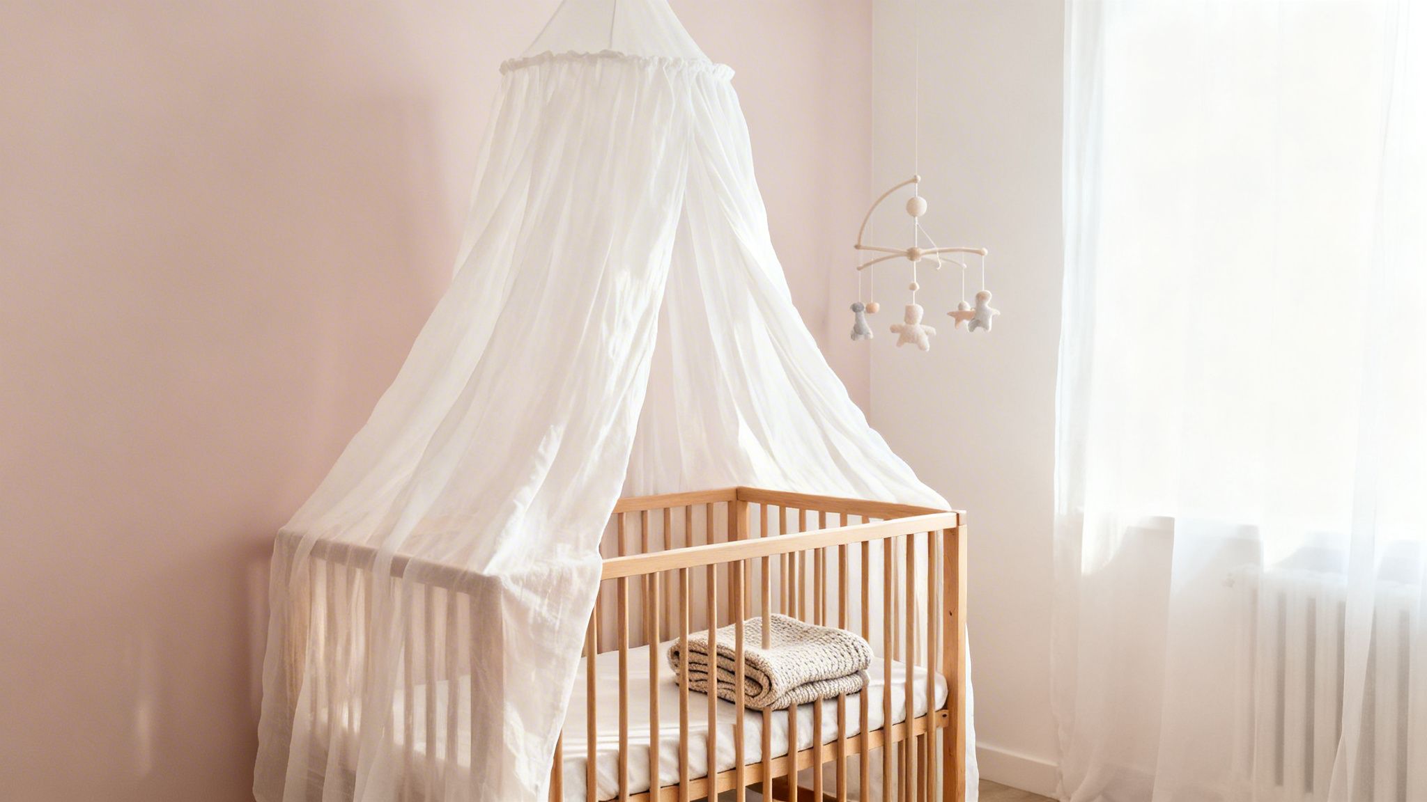 Een gezellige babykamer met een houten wieg, wit hemeltje, een mobiel en roze muren.